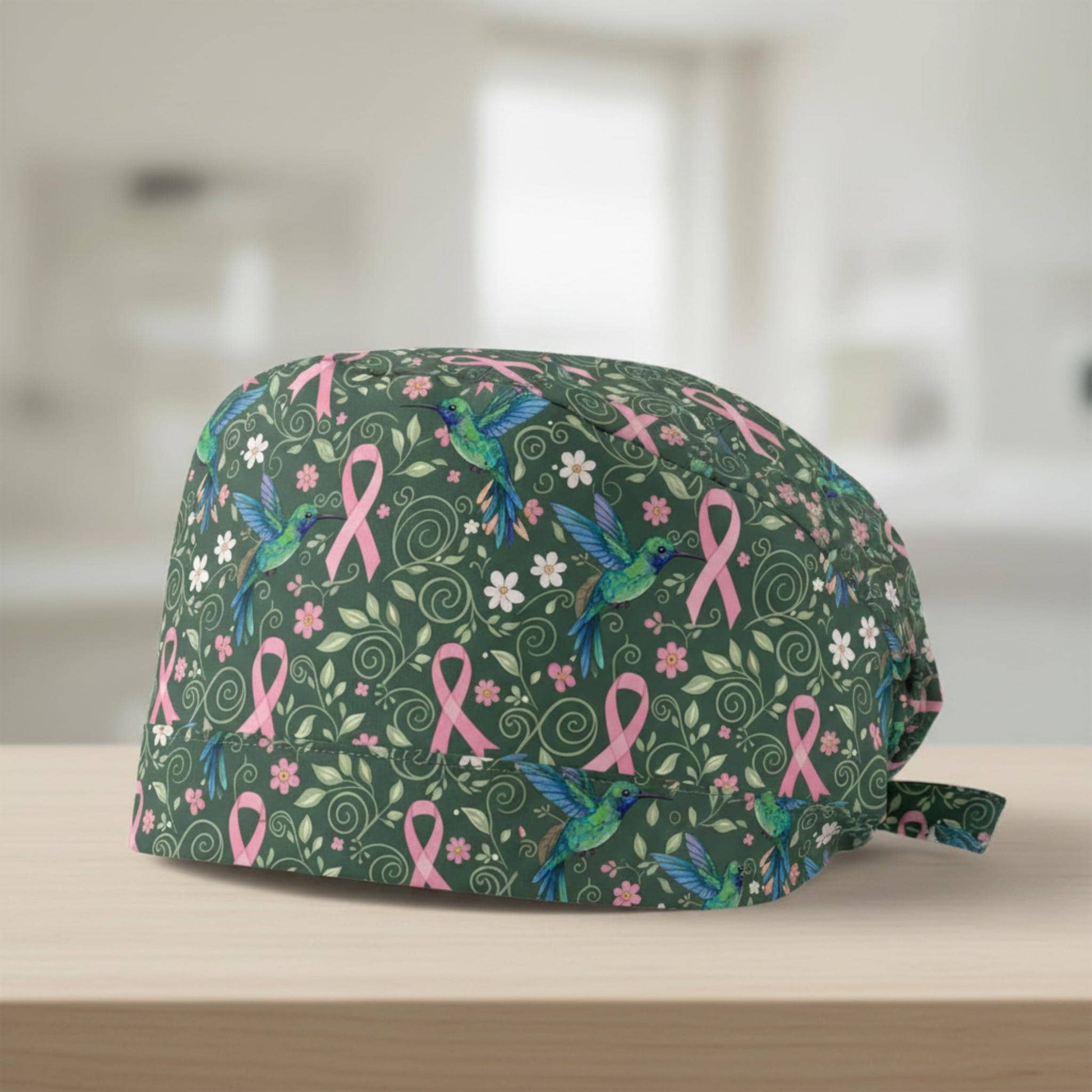 Cotton Scrub Cap: Hummingbird Print, Pink Ribbon Symbol, Breast Cancer Awareness Design image 1