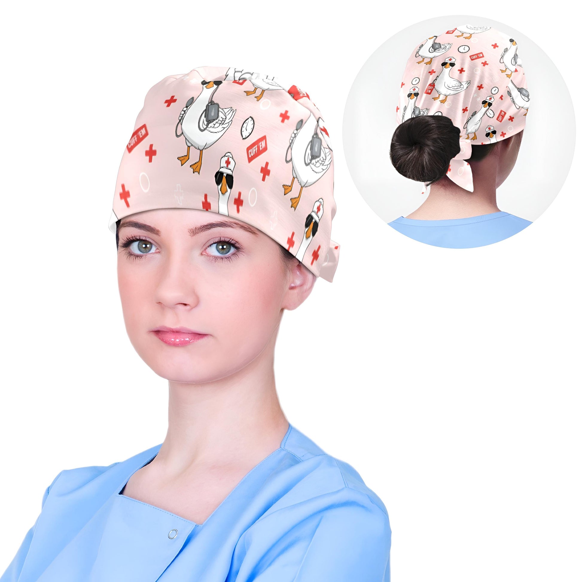 Cotton Scrub Cap: Goose Print, RN Nurse Theme, “Cuff ’Em” Design image 2