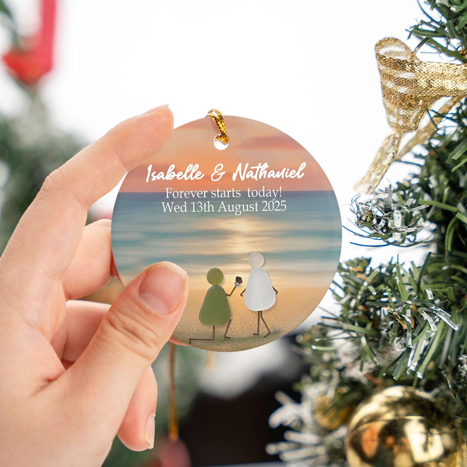 2D Flat Custom Engagement Ornament: Sea Glass Couple Beach Sunset Keepsake, Wedding Gift