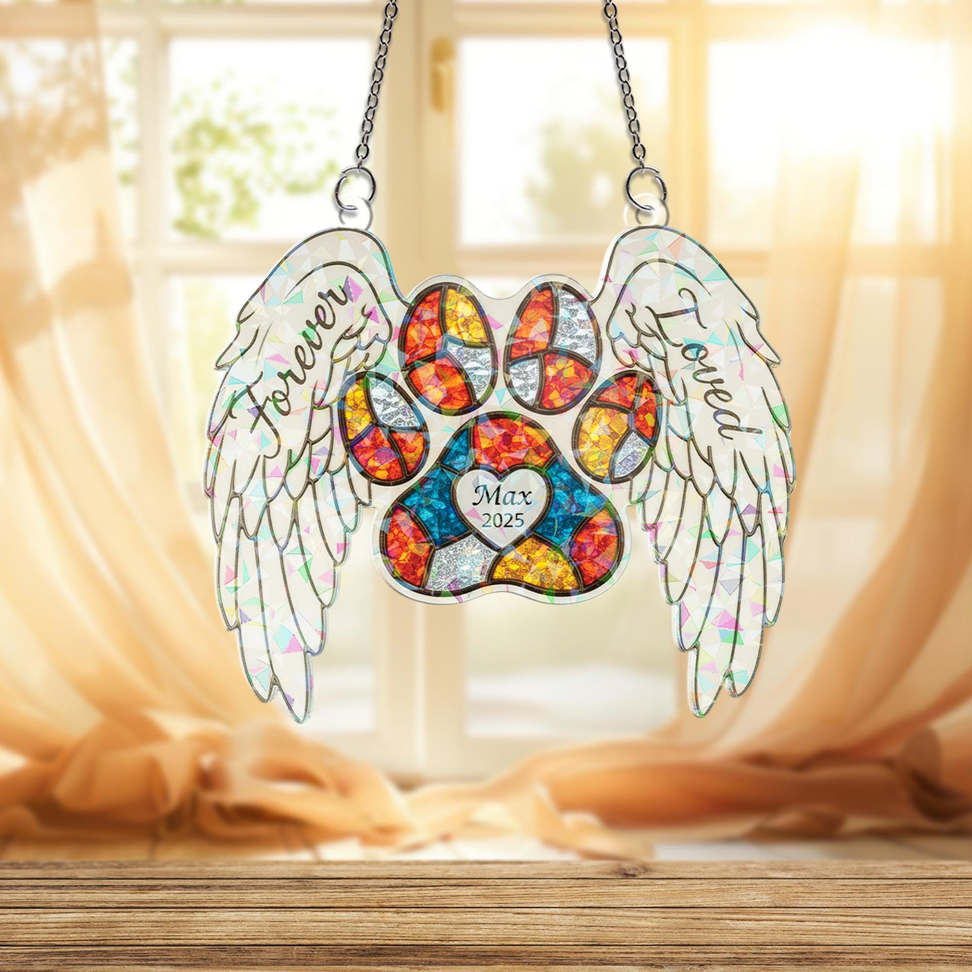 Personalized Pet Memorial Suncatcher: Holographic Paw Print with Angel Wings
