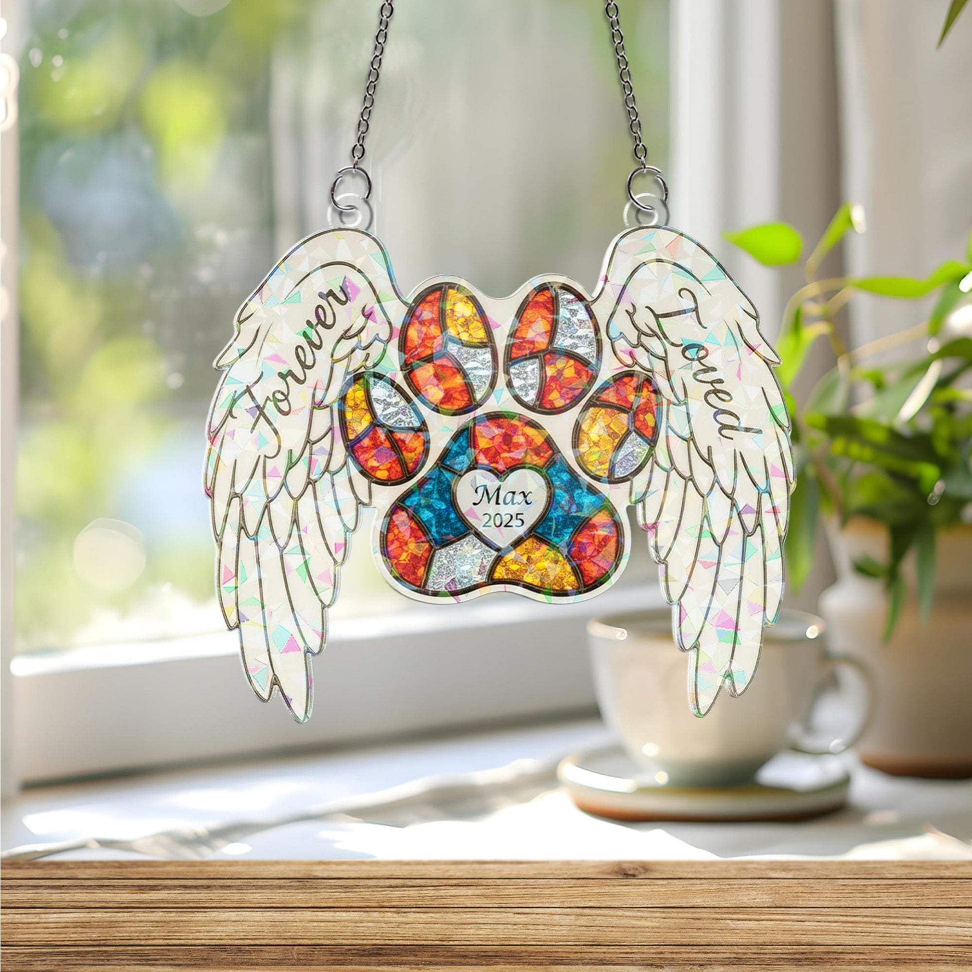 Personalized Pet Memorial Suncatcher: Holographic Paw Print with Angel Wings