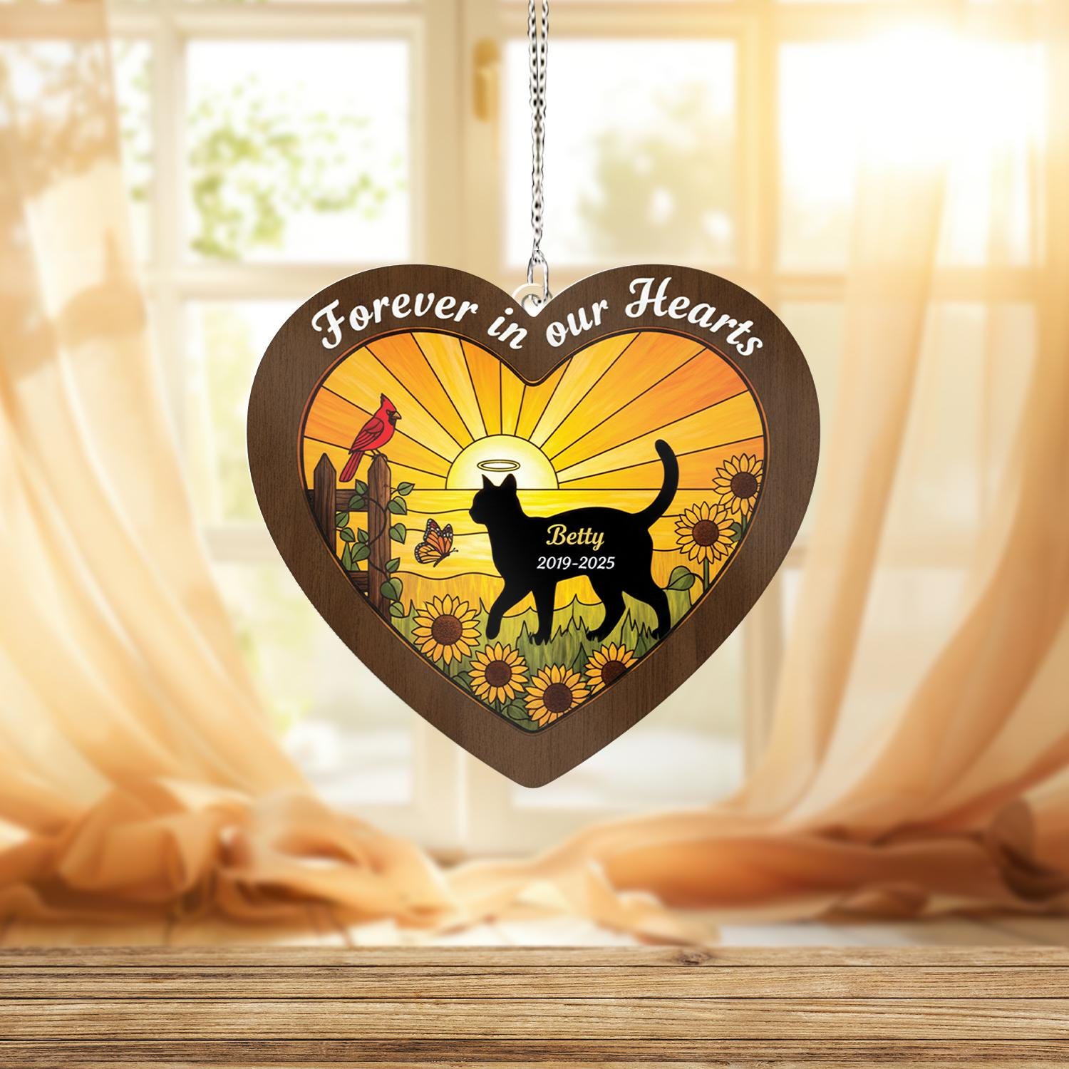 Two-Layer Cat Memorial Suncatcher: Personalized Pet Loss Decor with Sunflower Scene