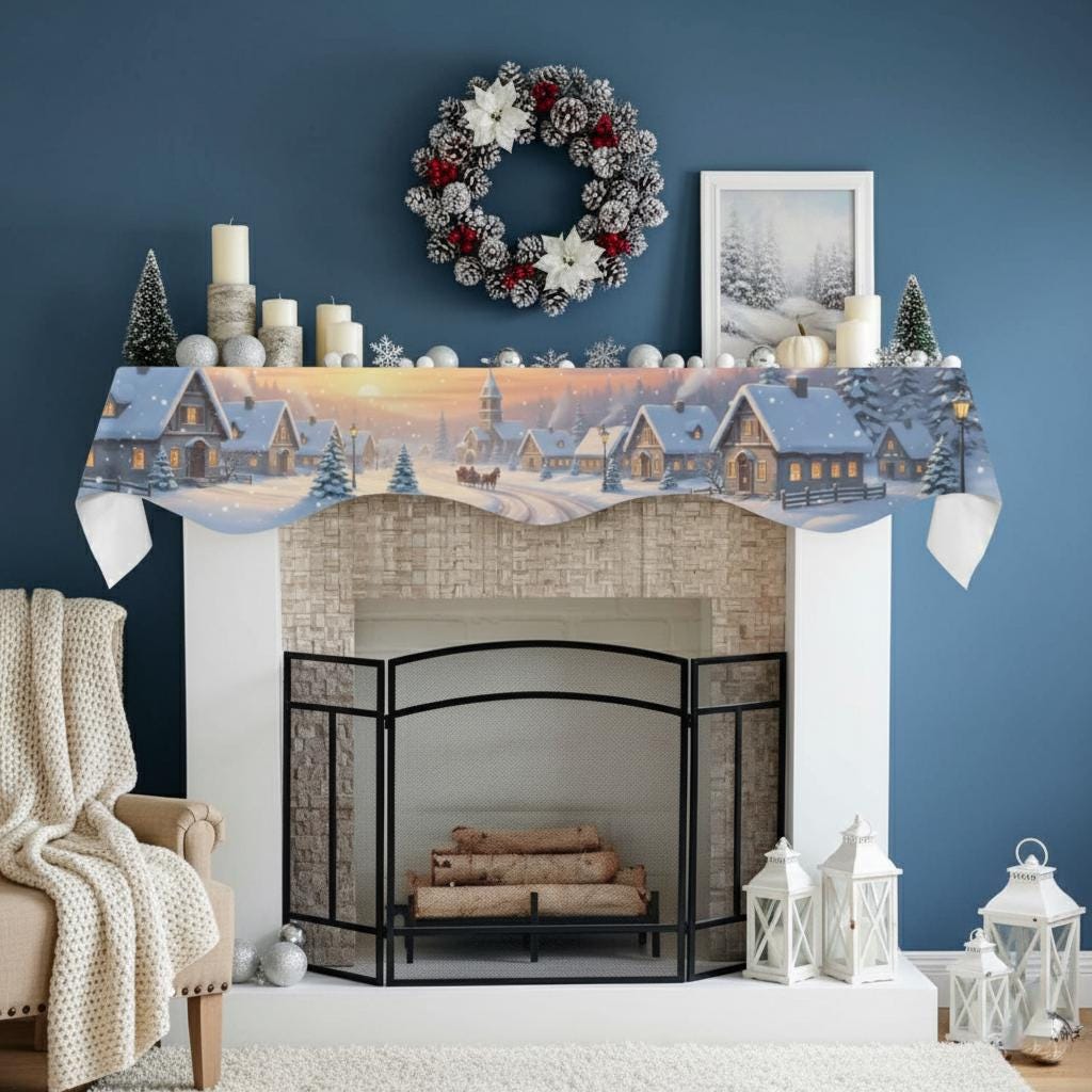 Winter Village Fireplace Mantel Scarf – Christmas Mantel Cover, Snowy Scene Decoration, Holiday Home Decor image 1