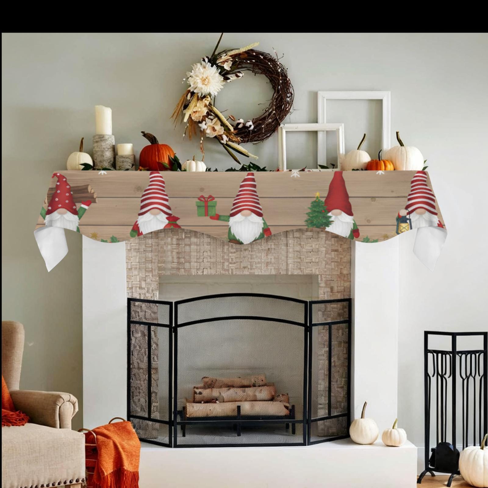 Gnome Fireplace Mantel Scarf – Christmas Mantel Cover, Nordic Holiday Decoration, Rustic Wood Pattern Design image 3
