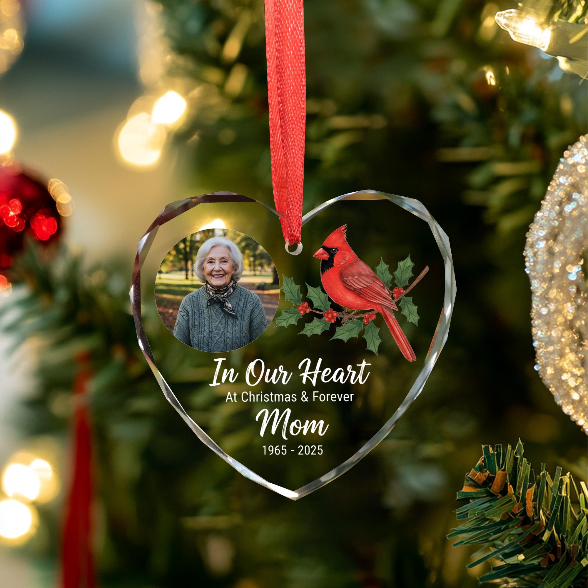 Personalized Memorial Ornament – Custom Photo Heart Decoration, Cardinal Design, Glass Remembrance Christmas Ornament image 1