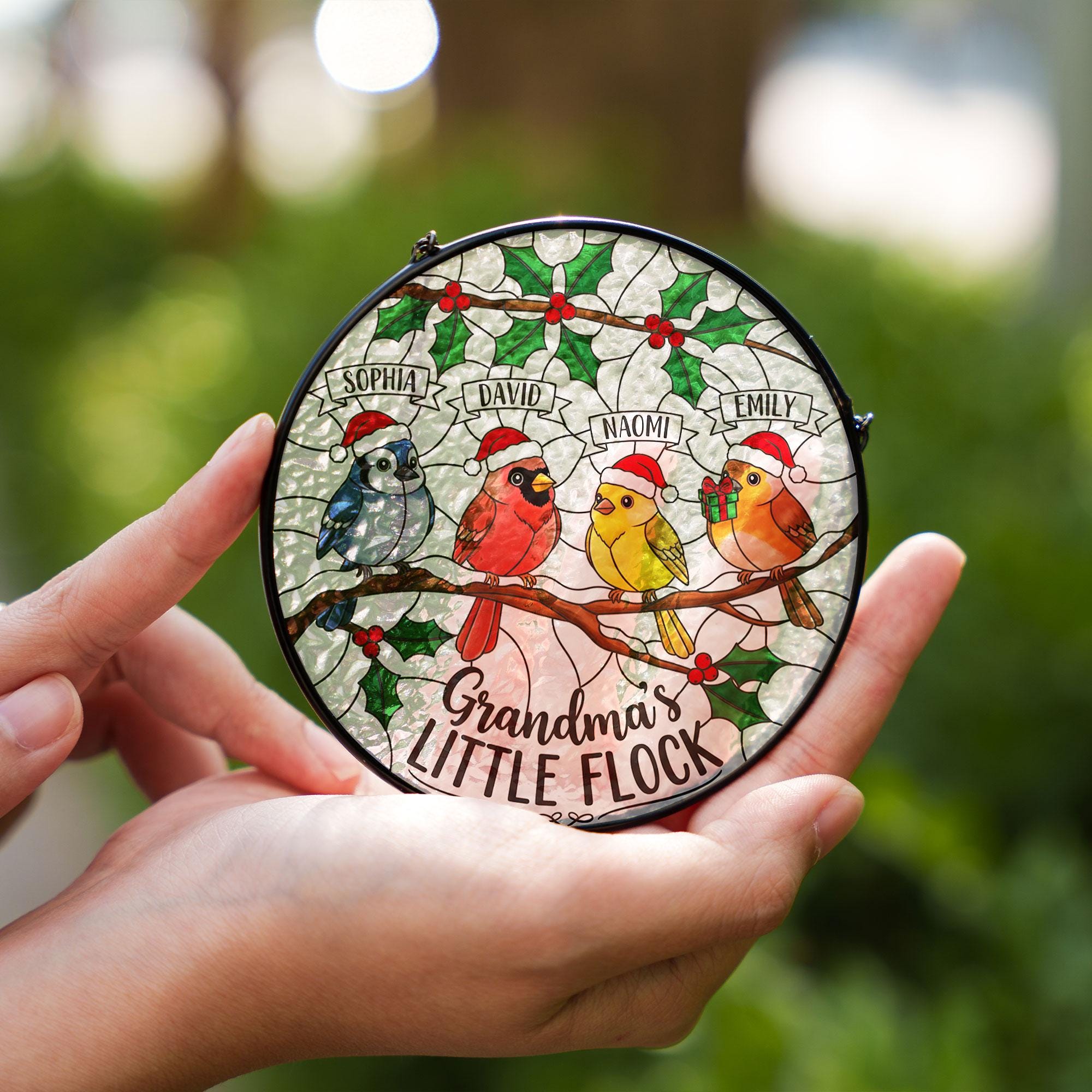 Personalized Grandma's Flock Glass Suncatcher: Custom Grandkids Christmas Ornament