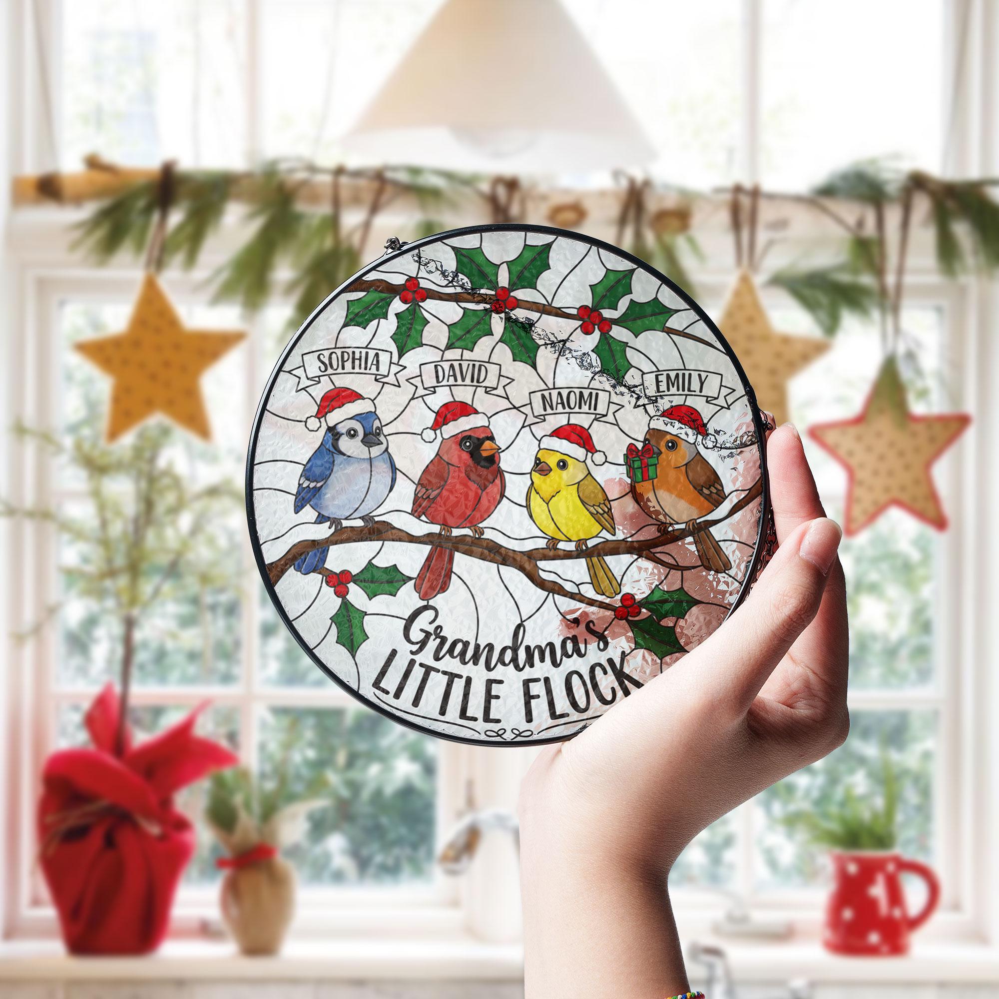 Personalized Grandma's Flock Glass Suncatcher: Custom Grandkids Christmas Ornament