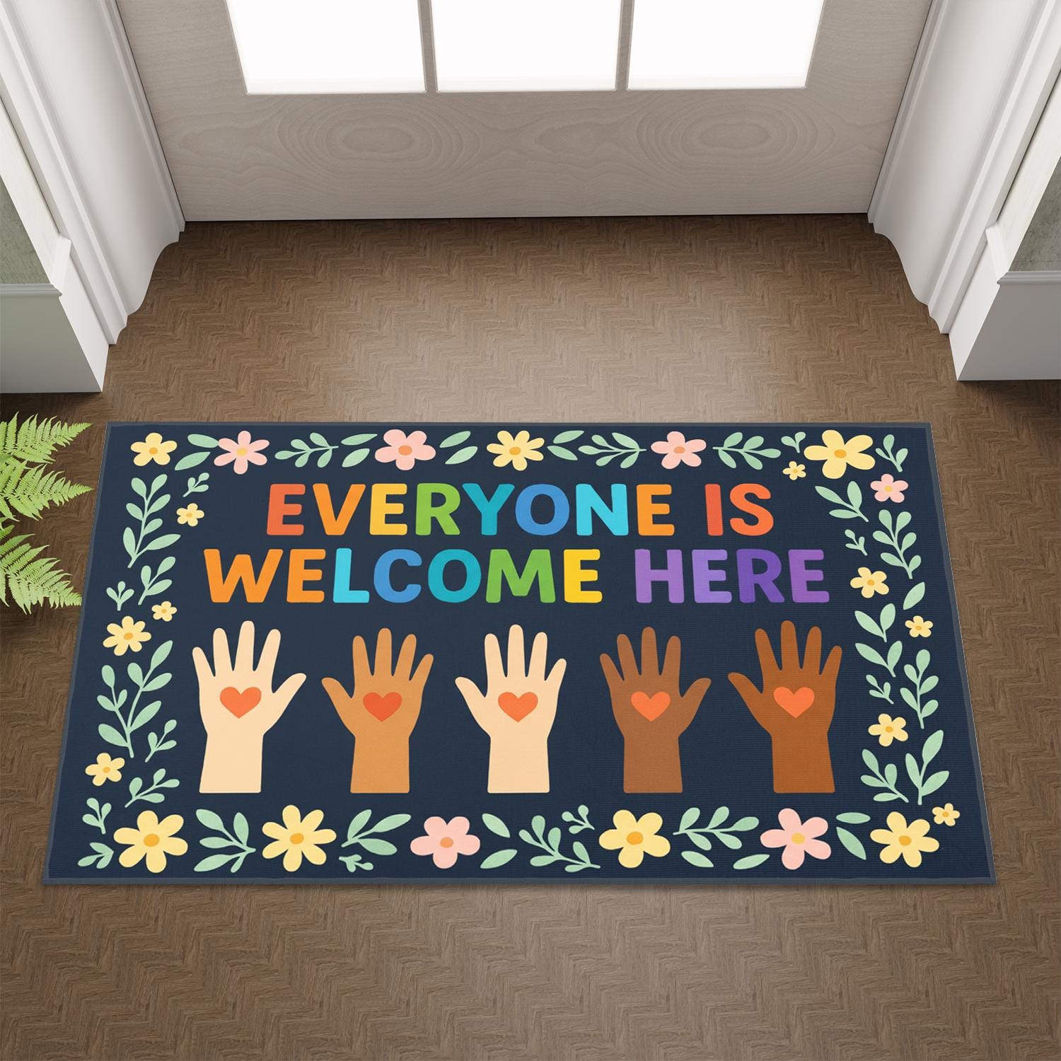Everyone Is Welcome Here Doormat – Colorful Welcome Mat for Porch or Entryway