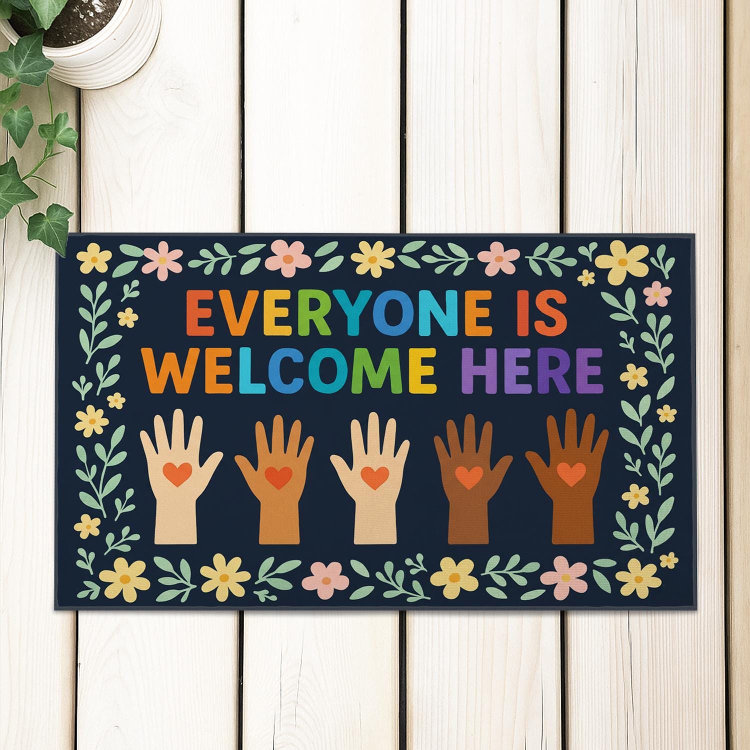 Everyone Is Welcome Here Doormat – Colorful Welcome Mat for Porch or Entryway