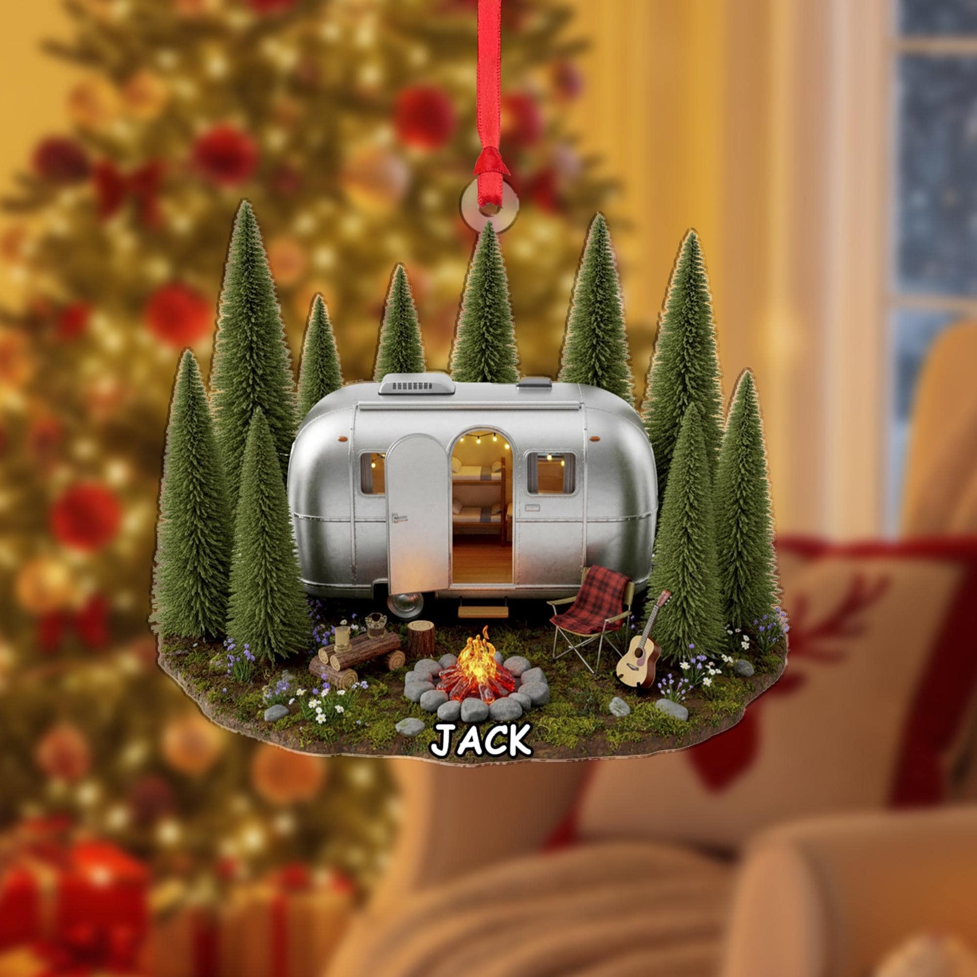 Personalized Camper & Forest Scene Ornament | Custom Name Trailer Gift for Campers and Travelers
