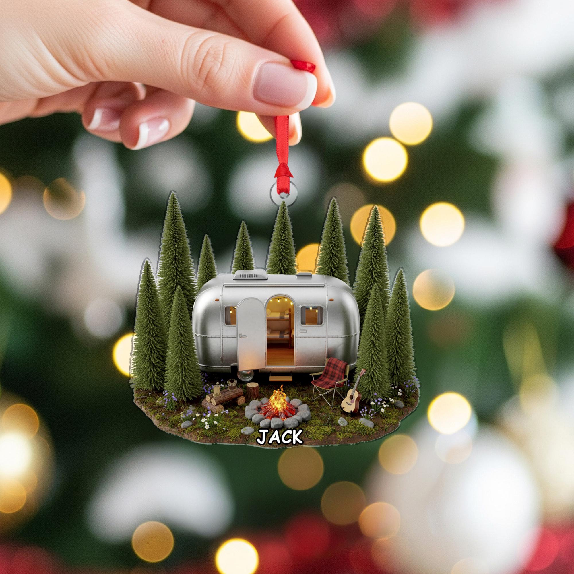 Personalized Camper & Forest Scene Ornament | Custom Name Trailer Gift for Campers and Travelers