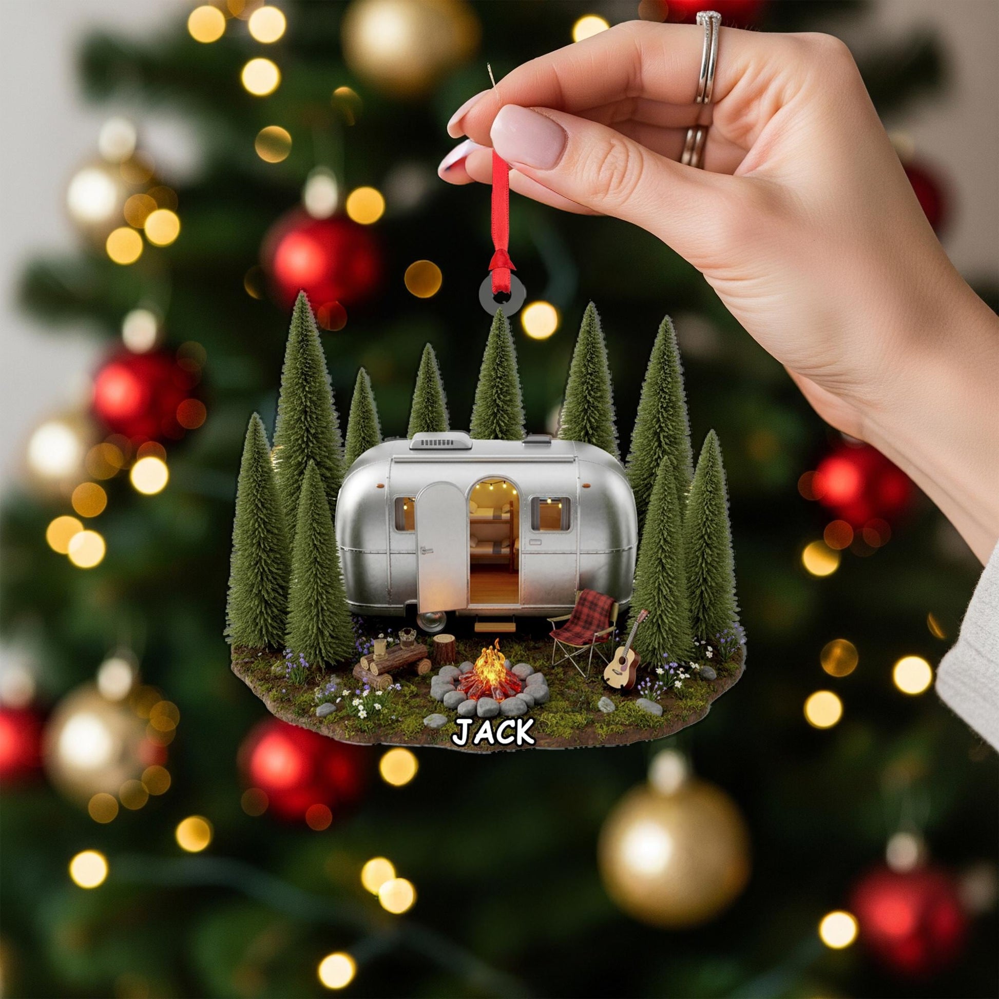 Personalized Camper & Forest Scene Ornament | Custom Name Trailer Gift for Campers and Travelers