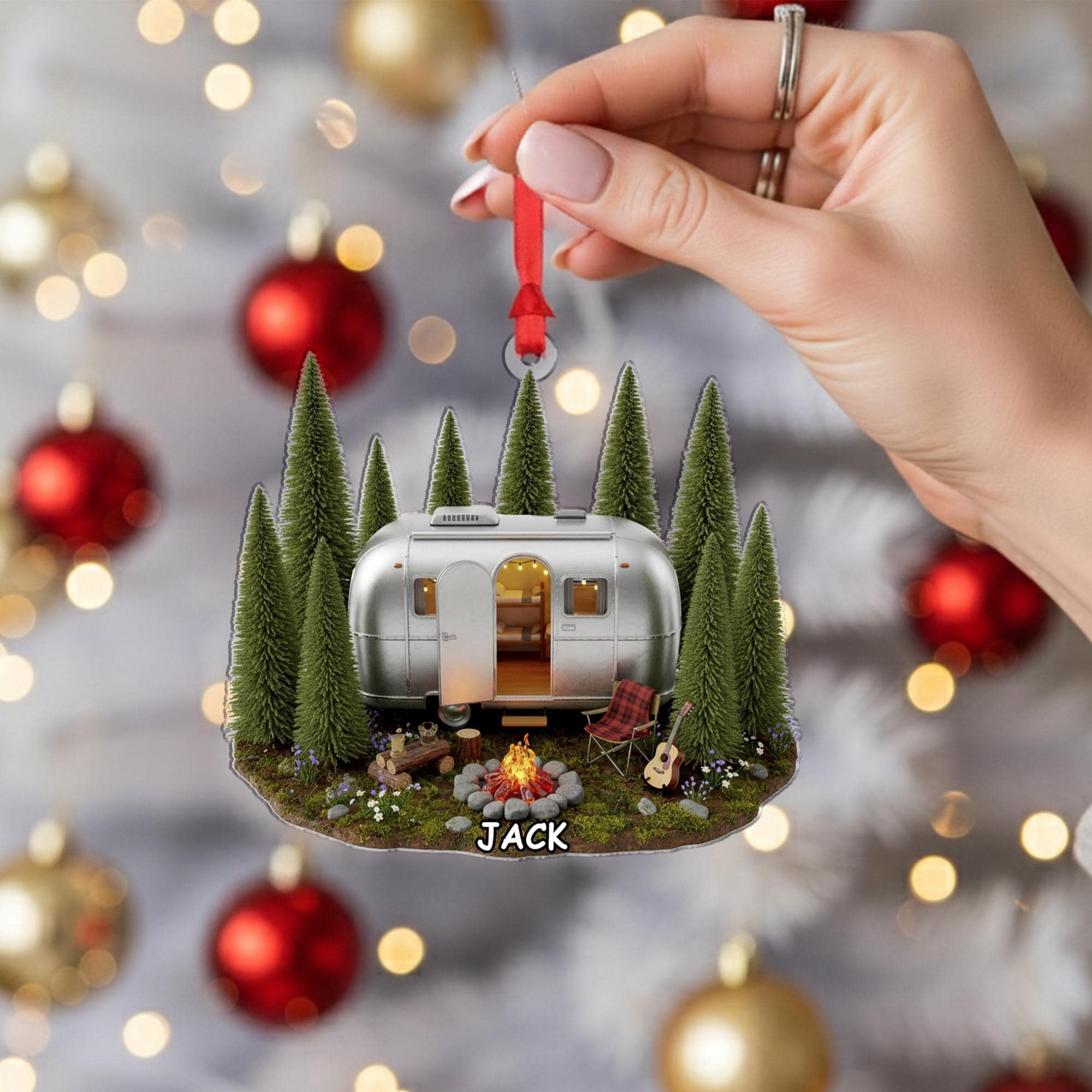 Personalized Camper & Forest Scene Ornament | Custom Name Trailer Gift for Campers and Travelers