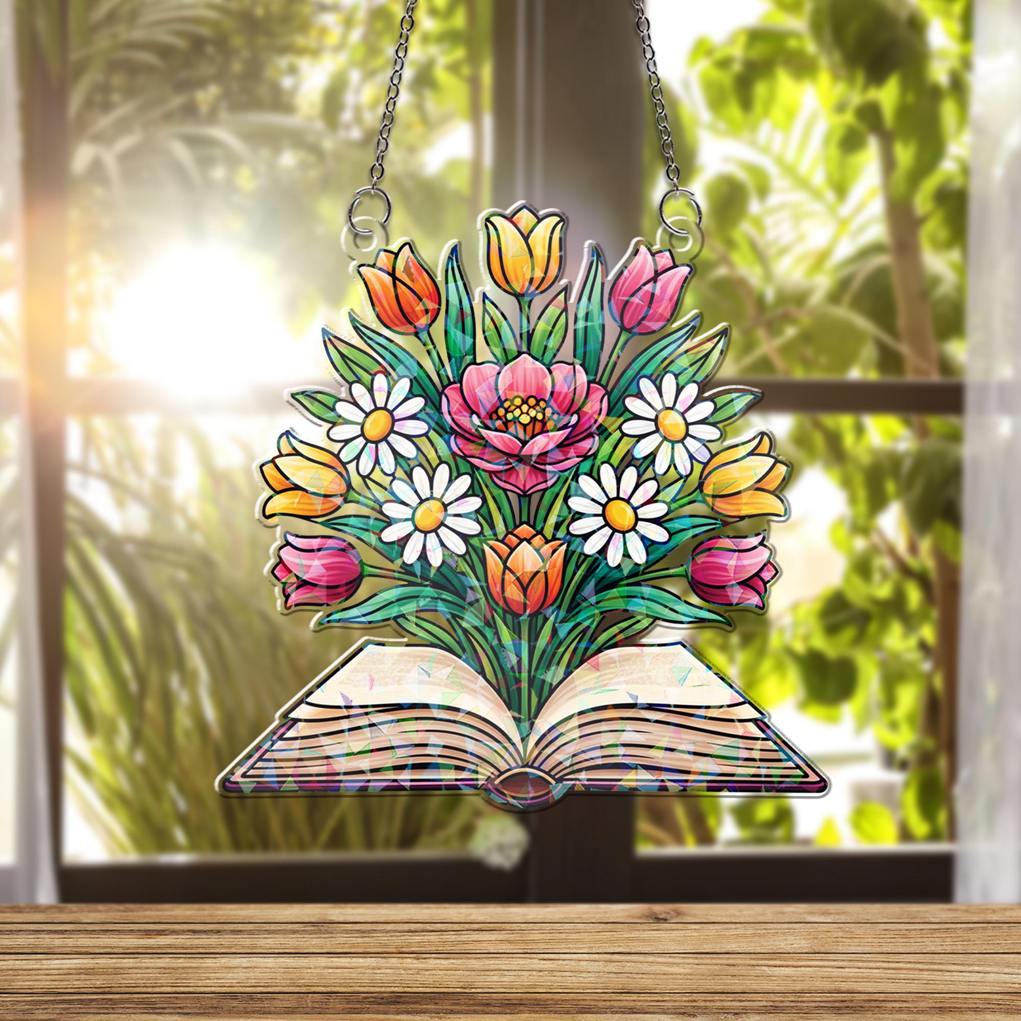 Holographic Floral Book Suncatcher: Acrylic Hologram Window Hanging