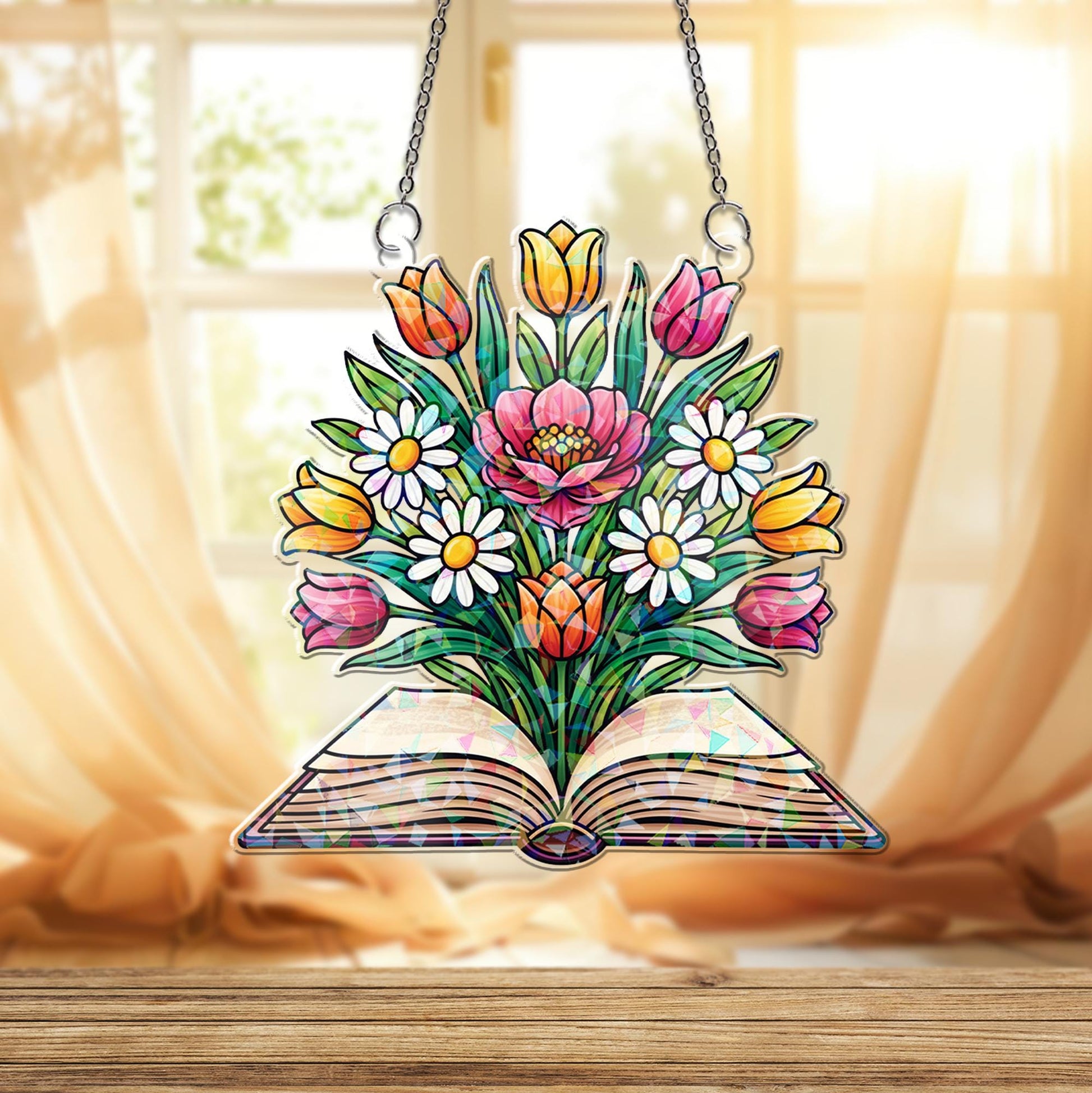 Holographic Floral Book Suncatcher: Acrylic Hologram Window Hanging
