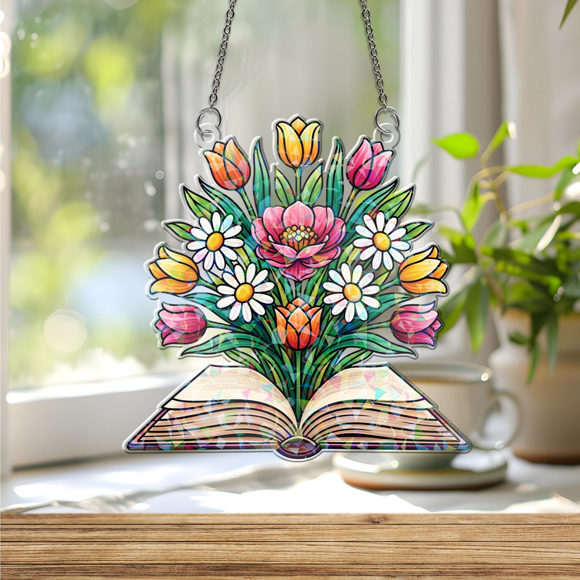 Holographic Floral Book Suncatcher: Acrylic Hologram Window Hanging