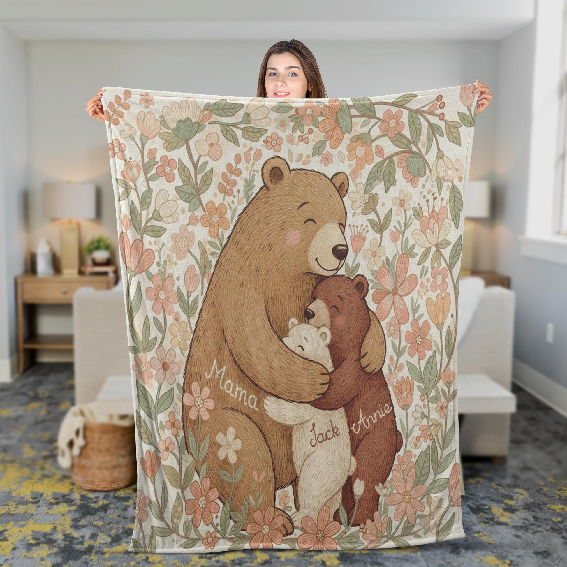 Personalized Mama & Kids Bear Fleece Blanket: Family Animal Blanket Gift