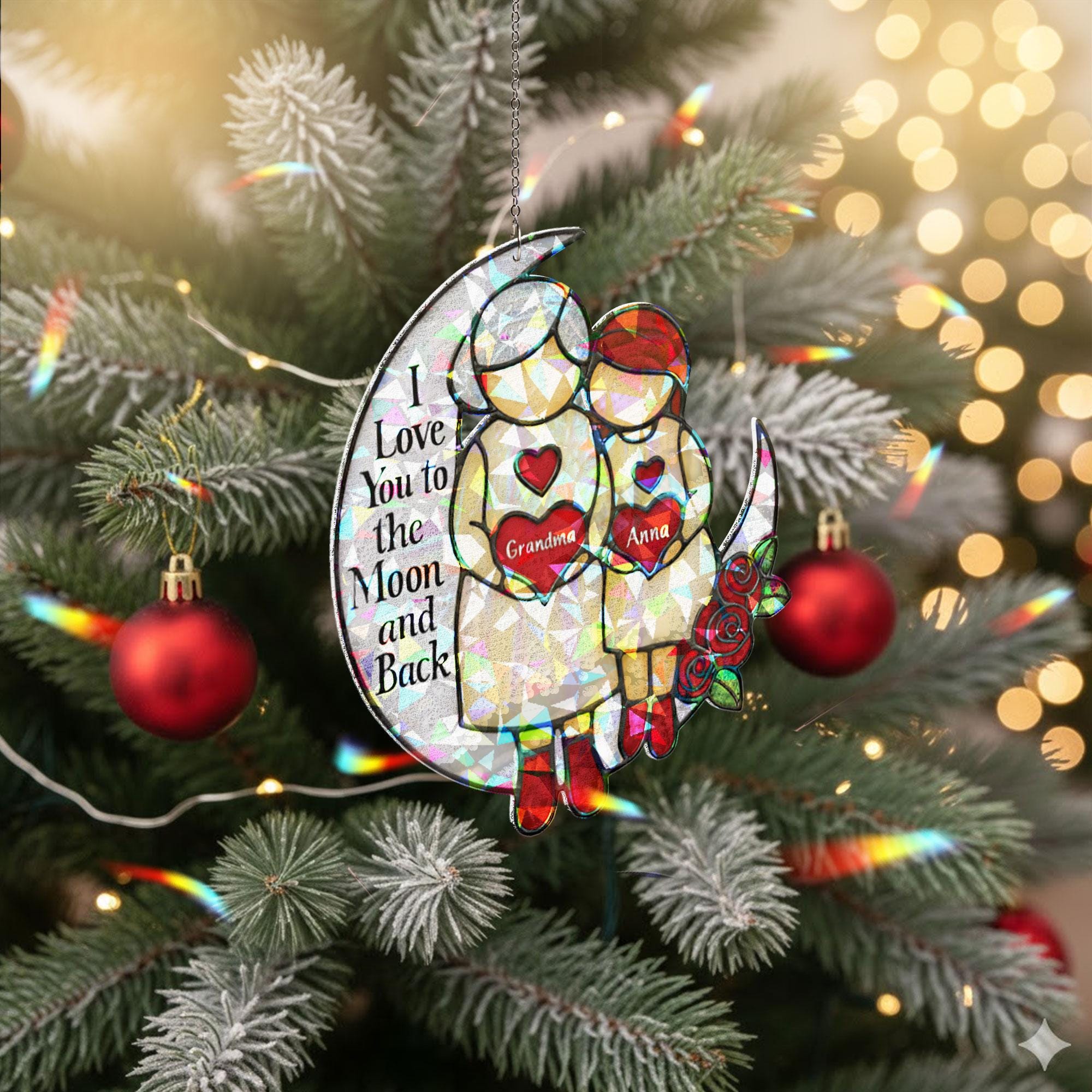 Christmas Hologram Ornament for Grandma: Personalized Crescent Moon Keepsake, Holiday Tree Decor