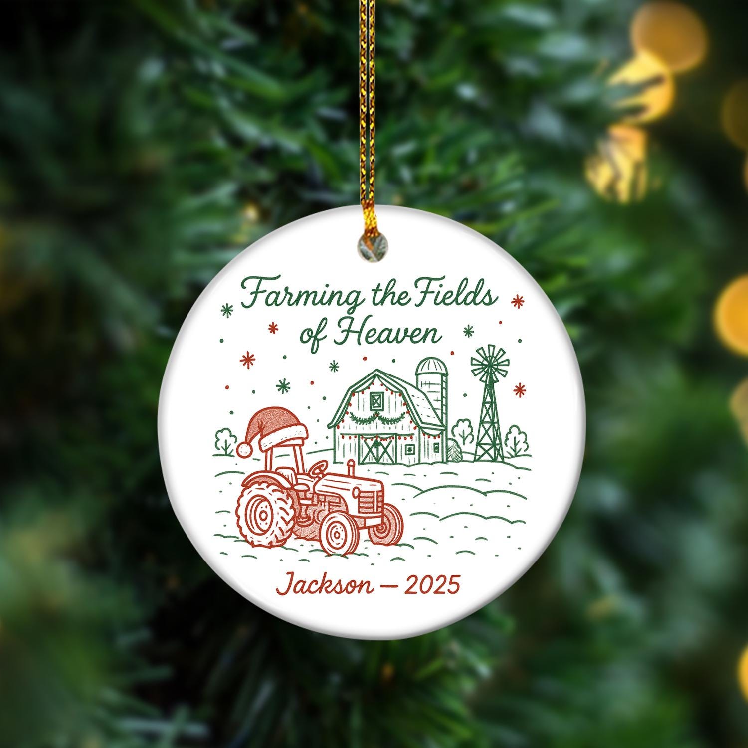 Personalized “Farming the Fields of Heaven” Christmas Ornament – Custom Farmer Memorial Ceramic Ornaments