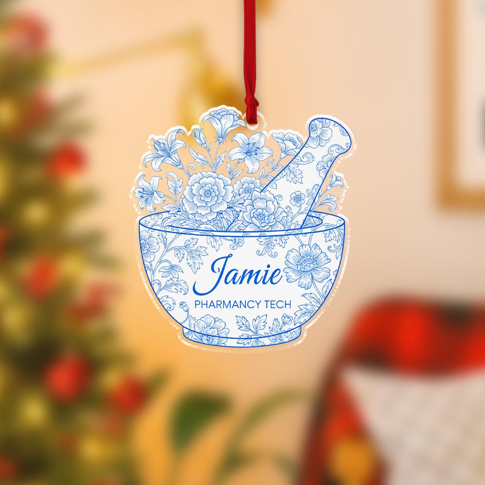 Personalized Pharmacy Tech Ornament – Custom Name Mortar Pestle Design