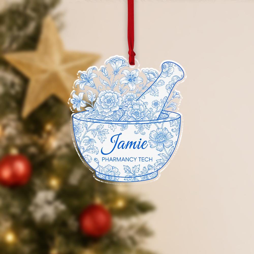 Personalized Pharmacy Tech Ornament – Custom Name Mortar Pestle Design