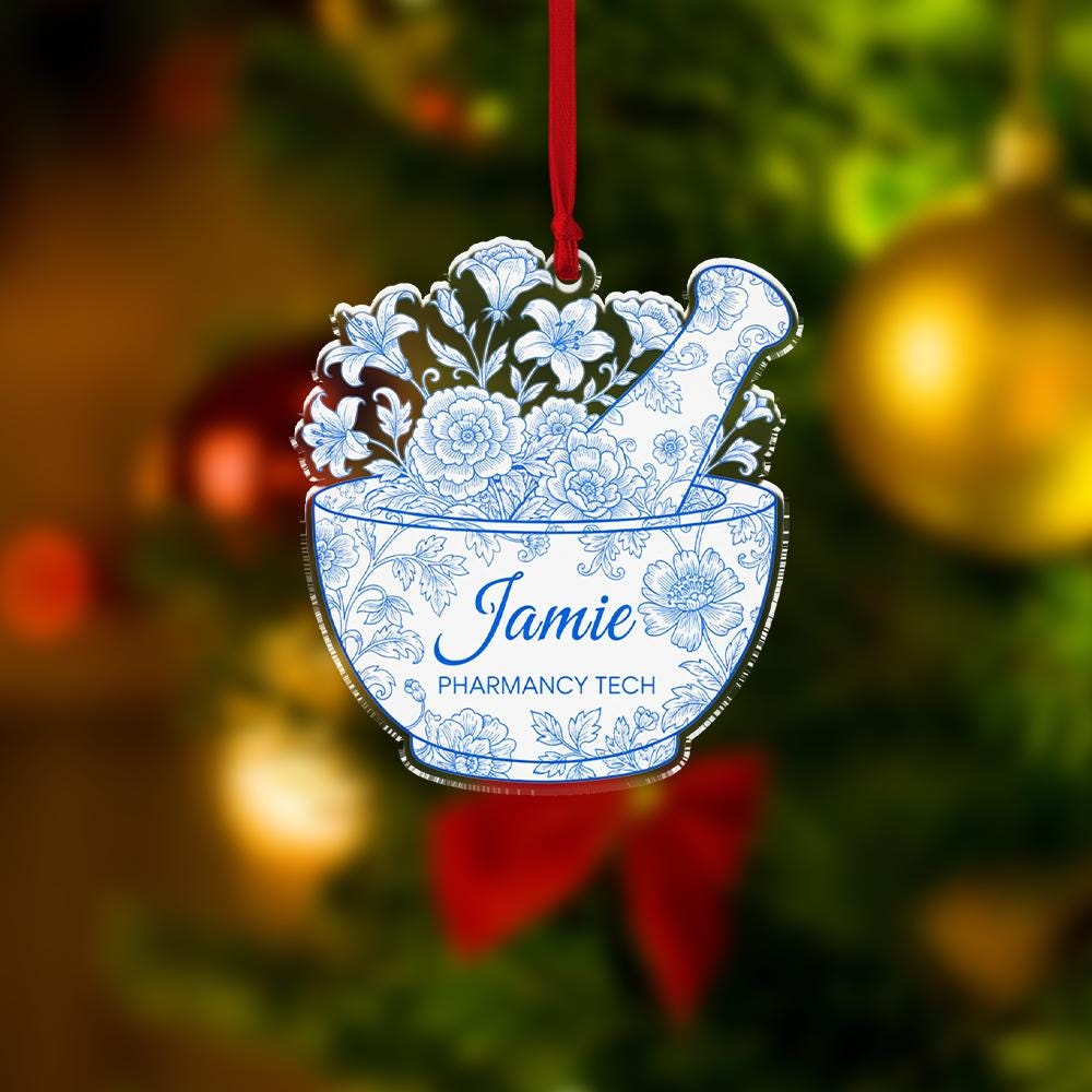 Personalized Pharmacy Tech Ornament – Custom Name Mortar Pestle Design