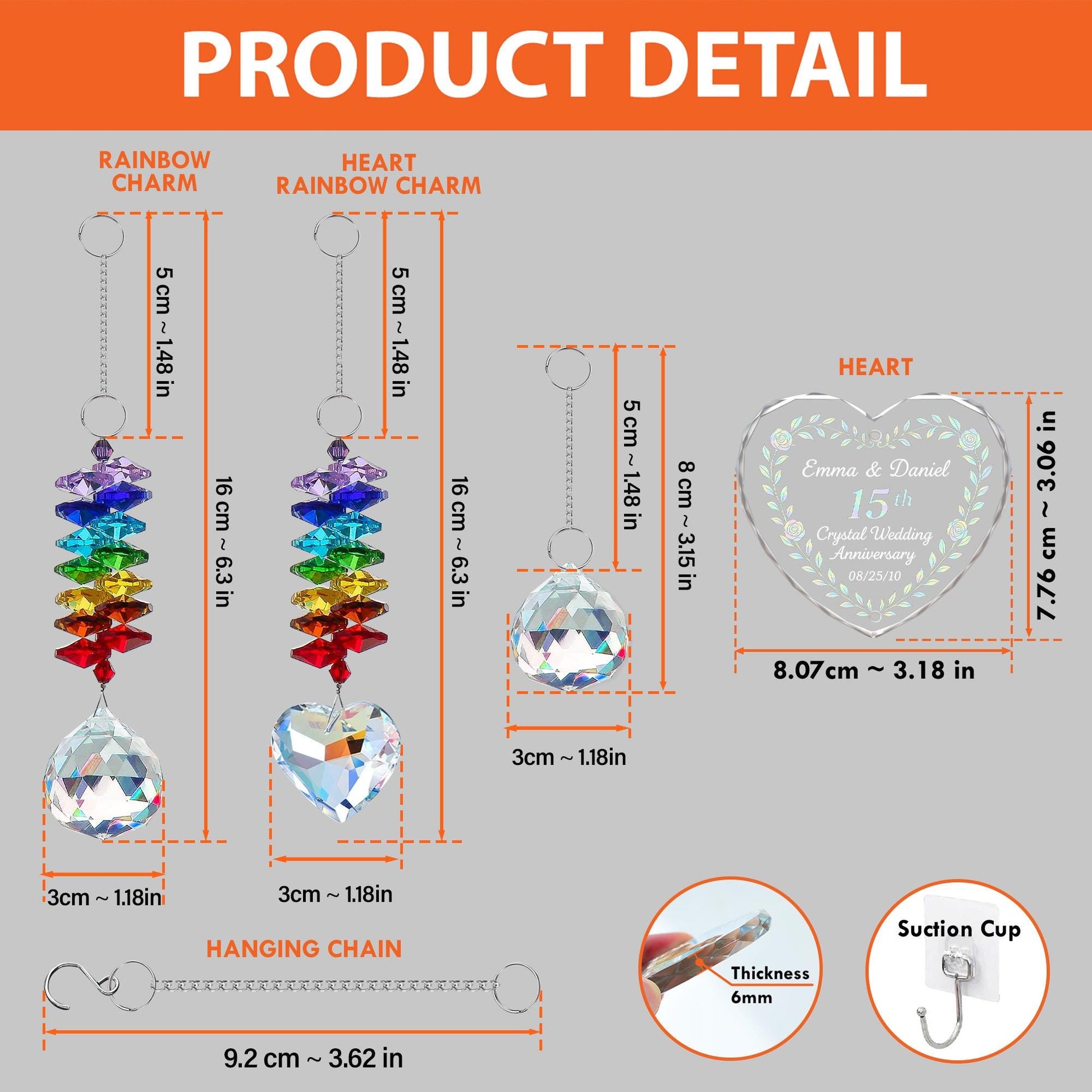 Custom Crystal Anniversary Ornament Glass Heart Rainbow Charm Decoration