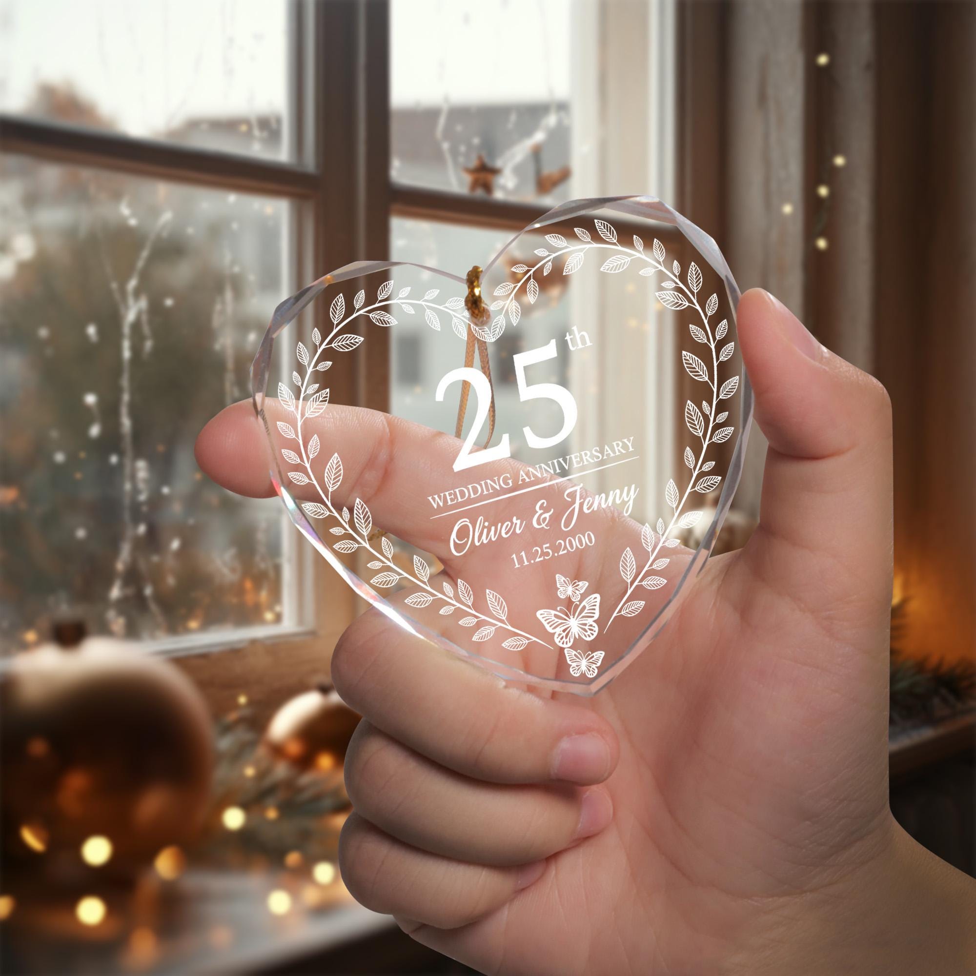 Personalized Glass Anniversary Ornament – Wedding Heart Keepsake