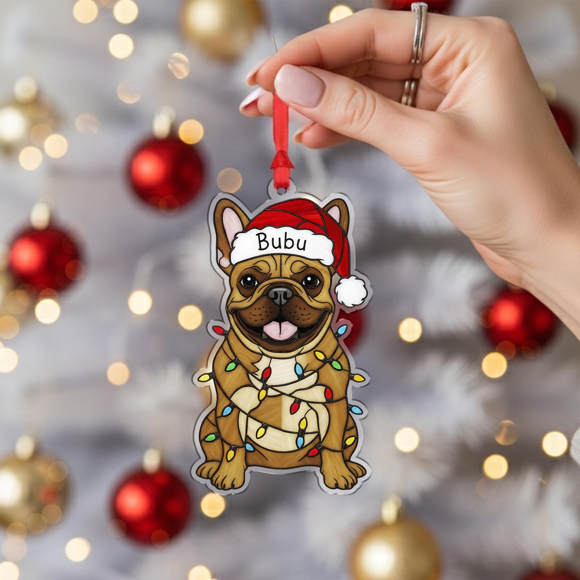 Custom Dog Christmas Ornament – Personalized French Bulldog with Santa Hat & Lights, Pet Name Decoration