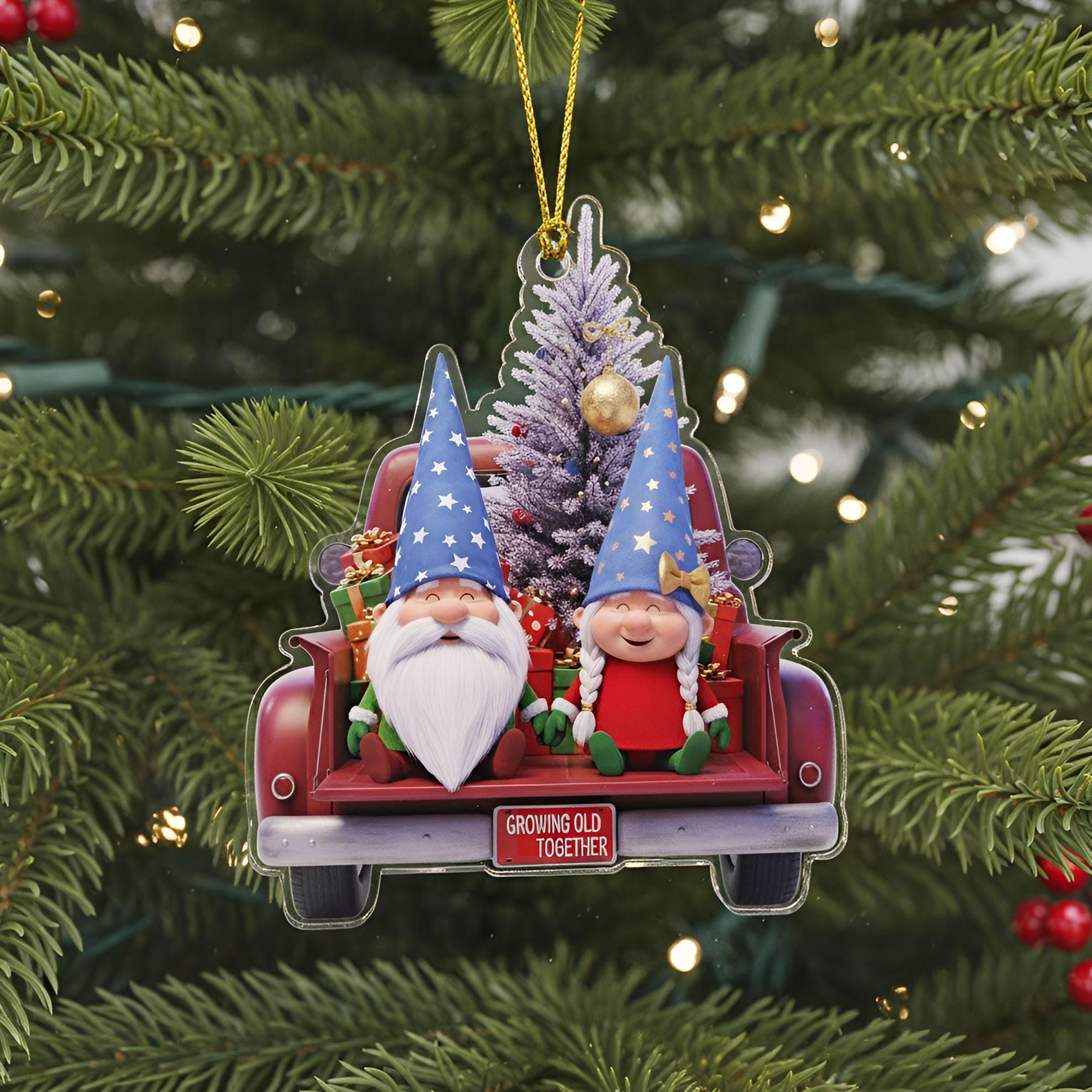 Custom Old Gnome Couple Ornament: Growing Old Together Red Truck Holiday Keepsake
