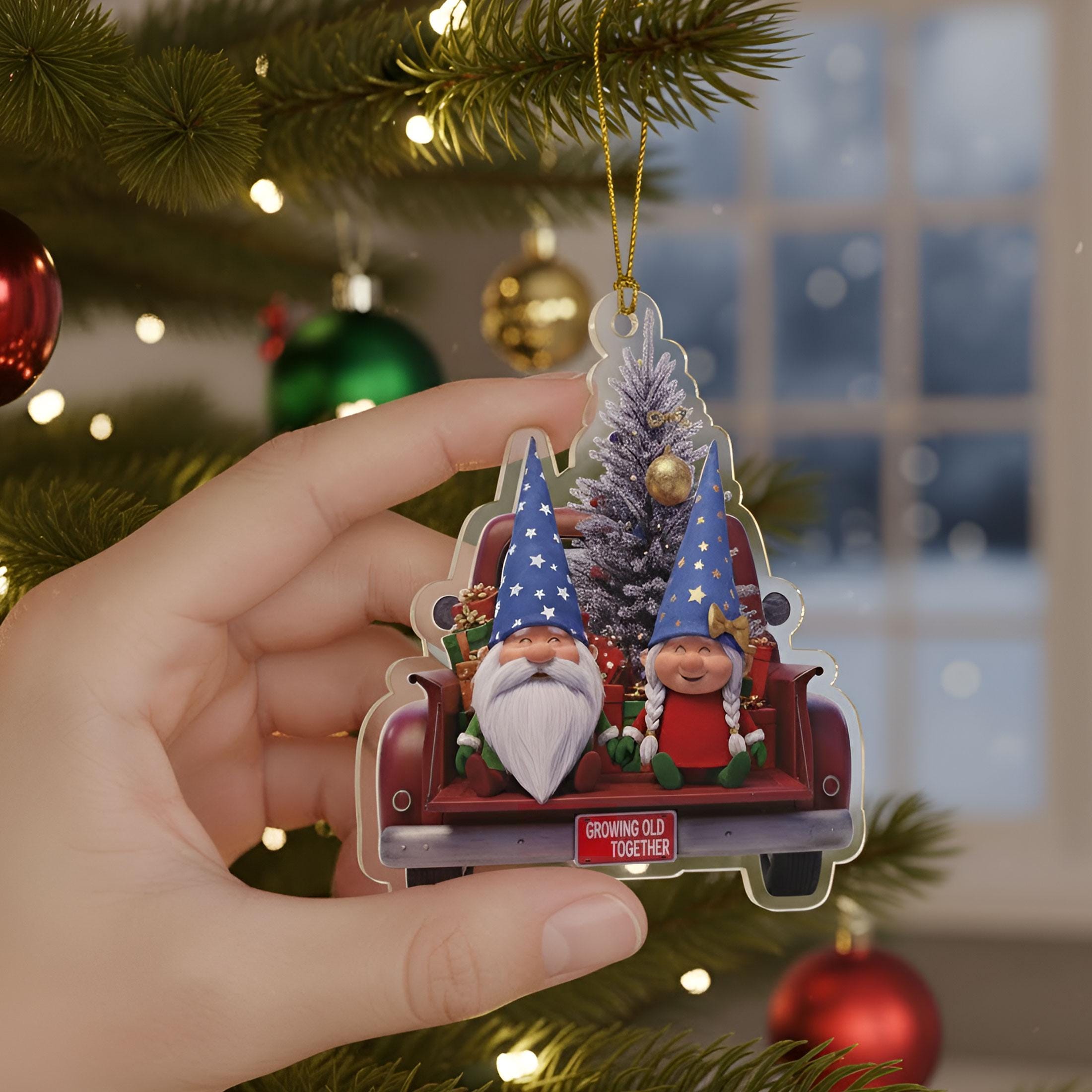 Custom Old Gnome Couple Ornament: Growing Old Together Red Truck Holiday Keepsake