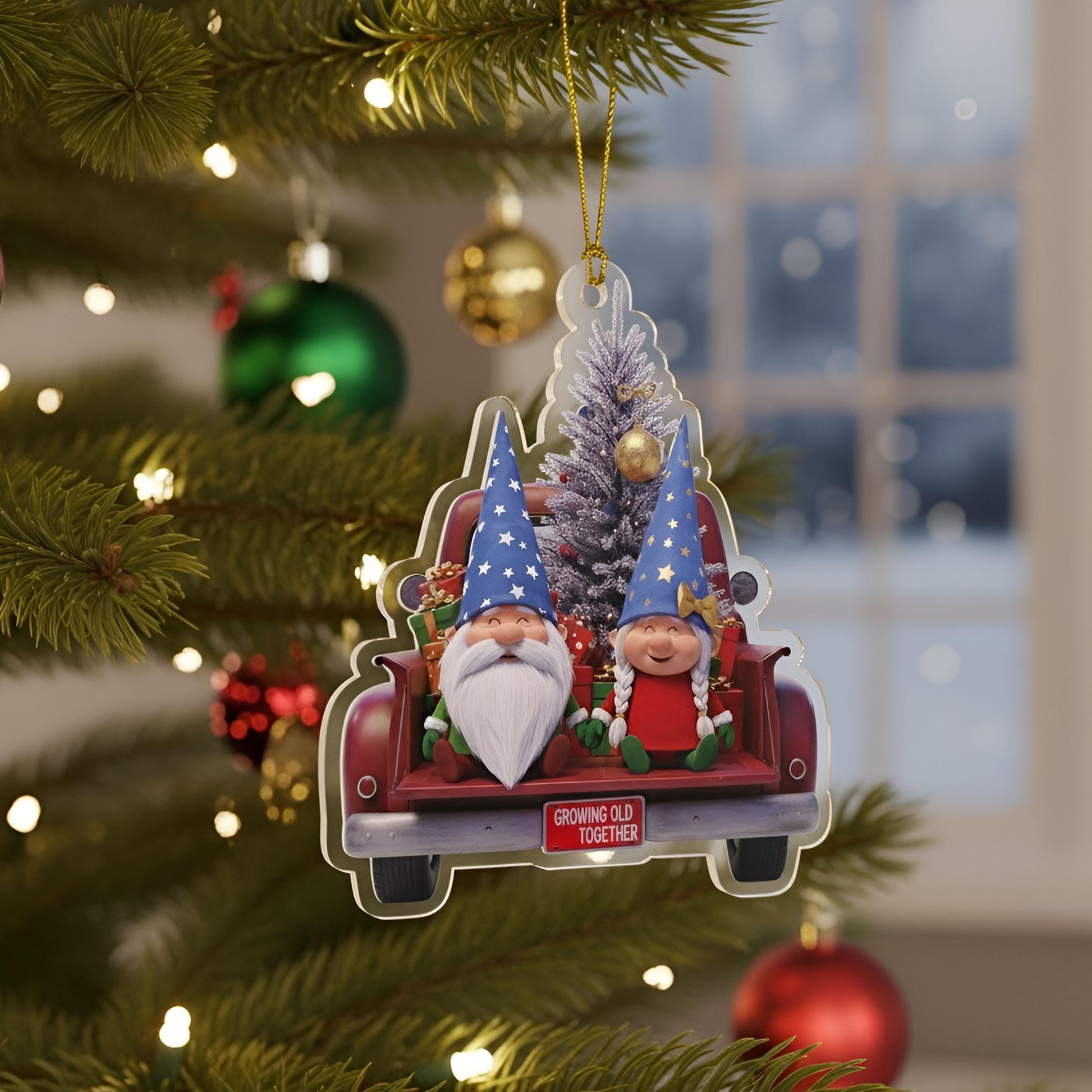 Custom Old Gnome Couple Ornament: Growing Old Together Red Truck Holiday Keepsake