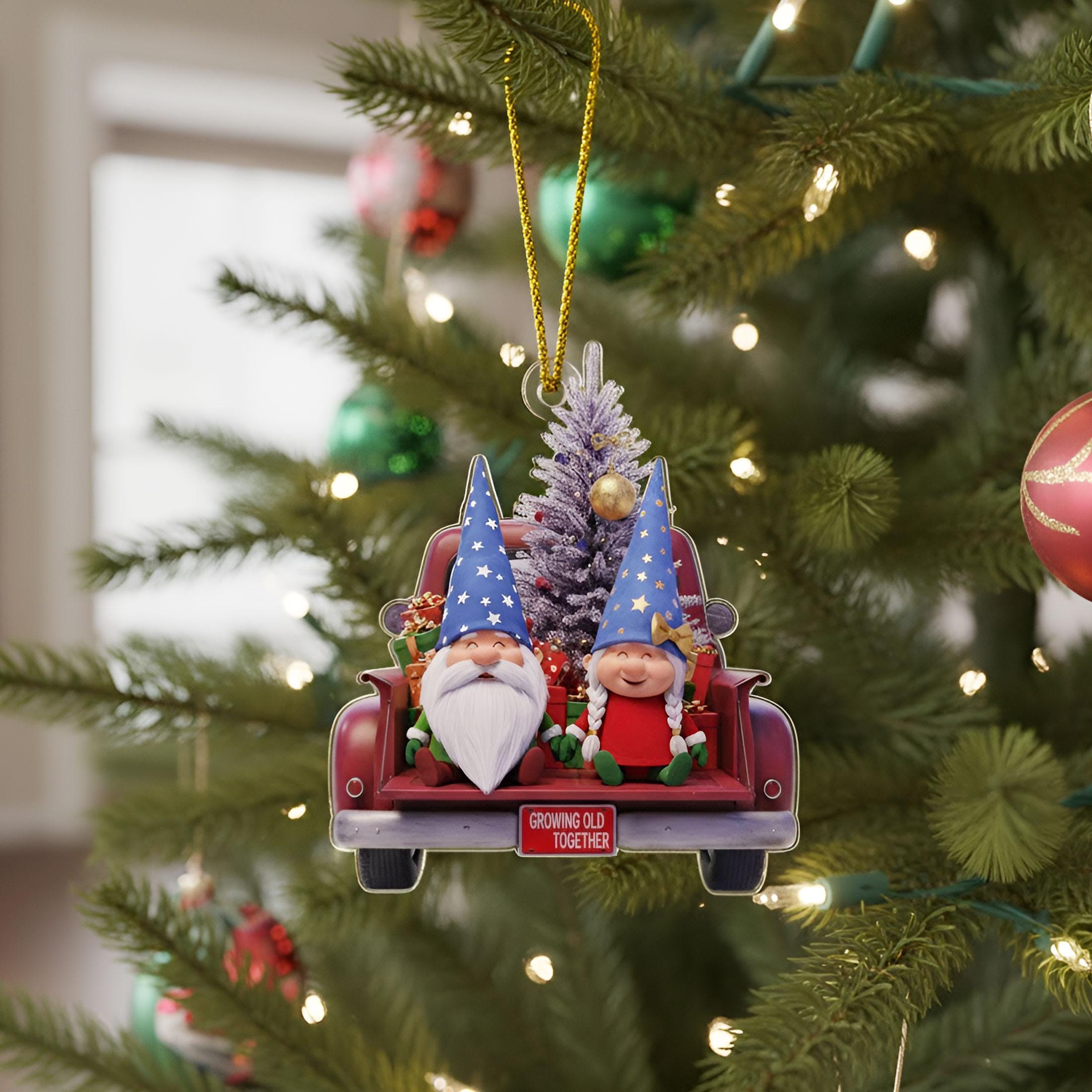 Custom Old Gnome Couple Ornament: Growing Old Together Red Truck Holiday Keepsake