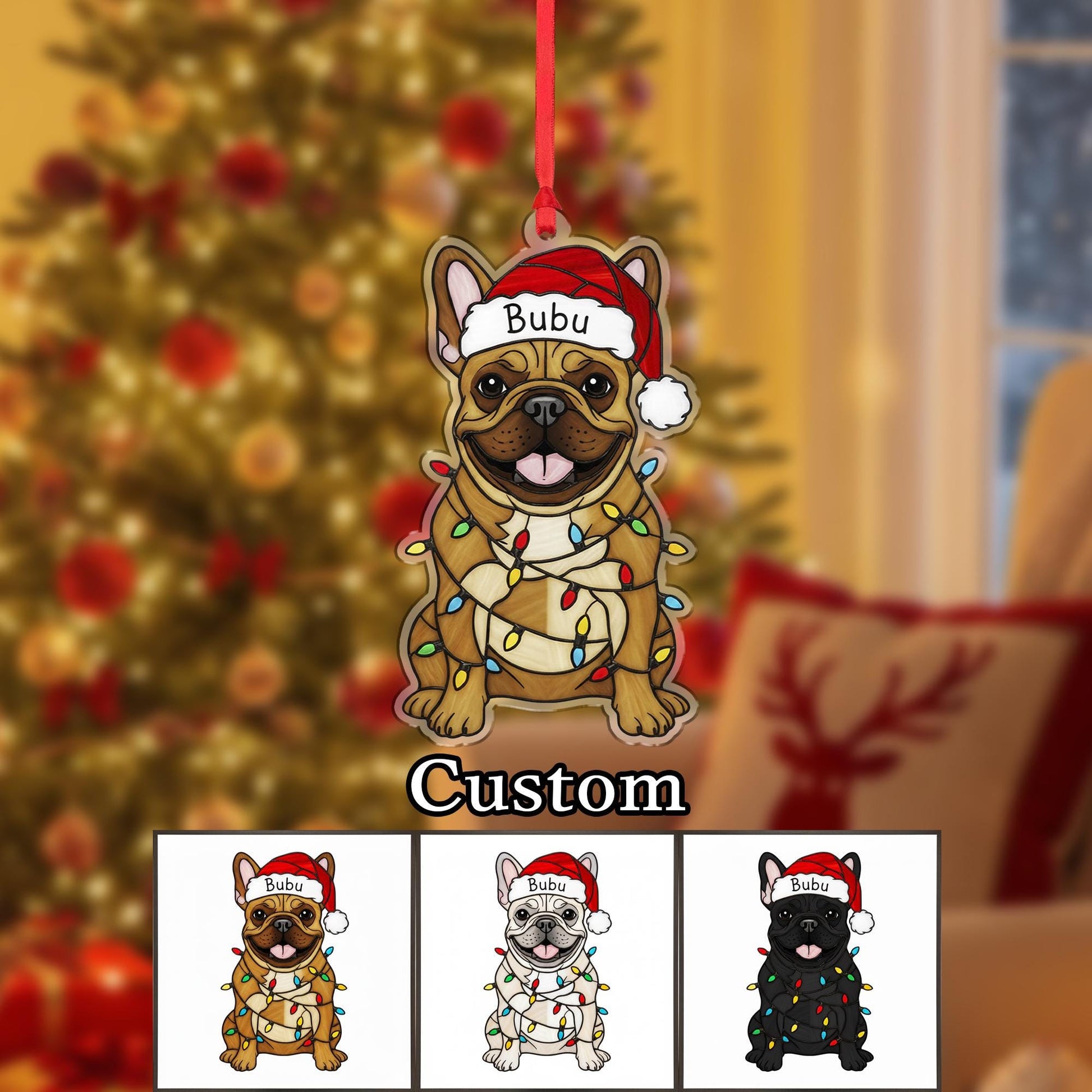 Custom Dog Christmas Ornament – Personalized French Bulldog with Santa Hat & Lights, Pet Name Decoration