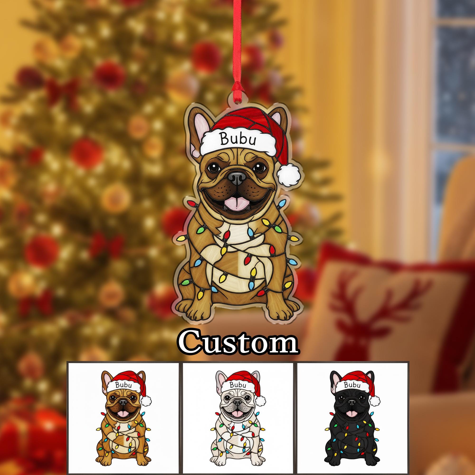 Custom Dog Christmas Ornament – Personalized French Bulldog with Santa Hat & Lights, Pet Name Decoration
