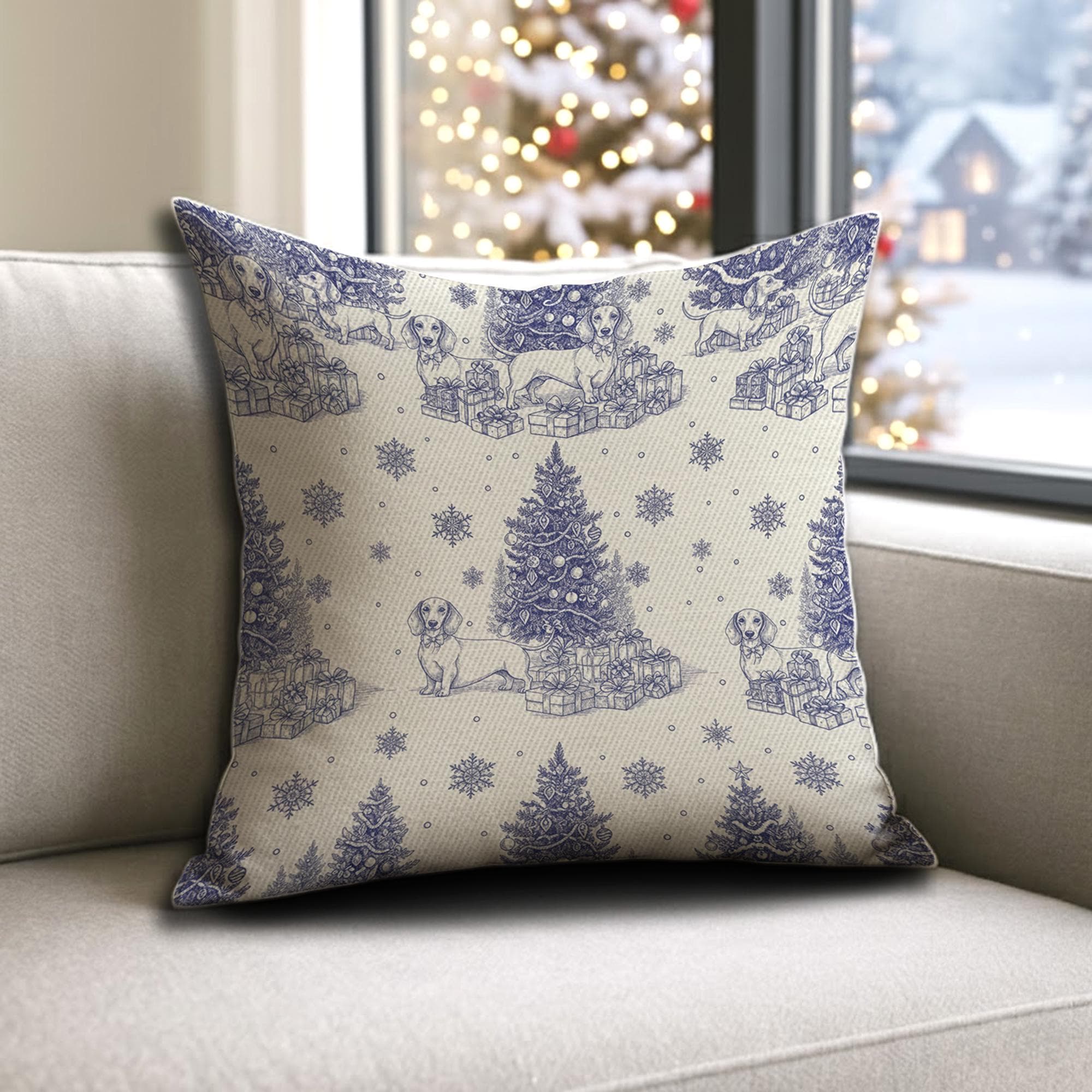 Toile De Jouy Dachshund Pillow with Christmas Dog Pattern image 2
