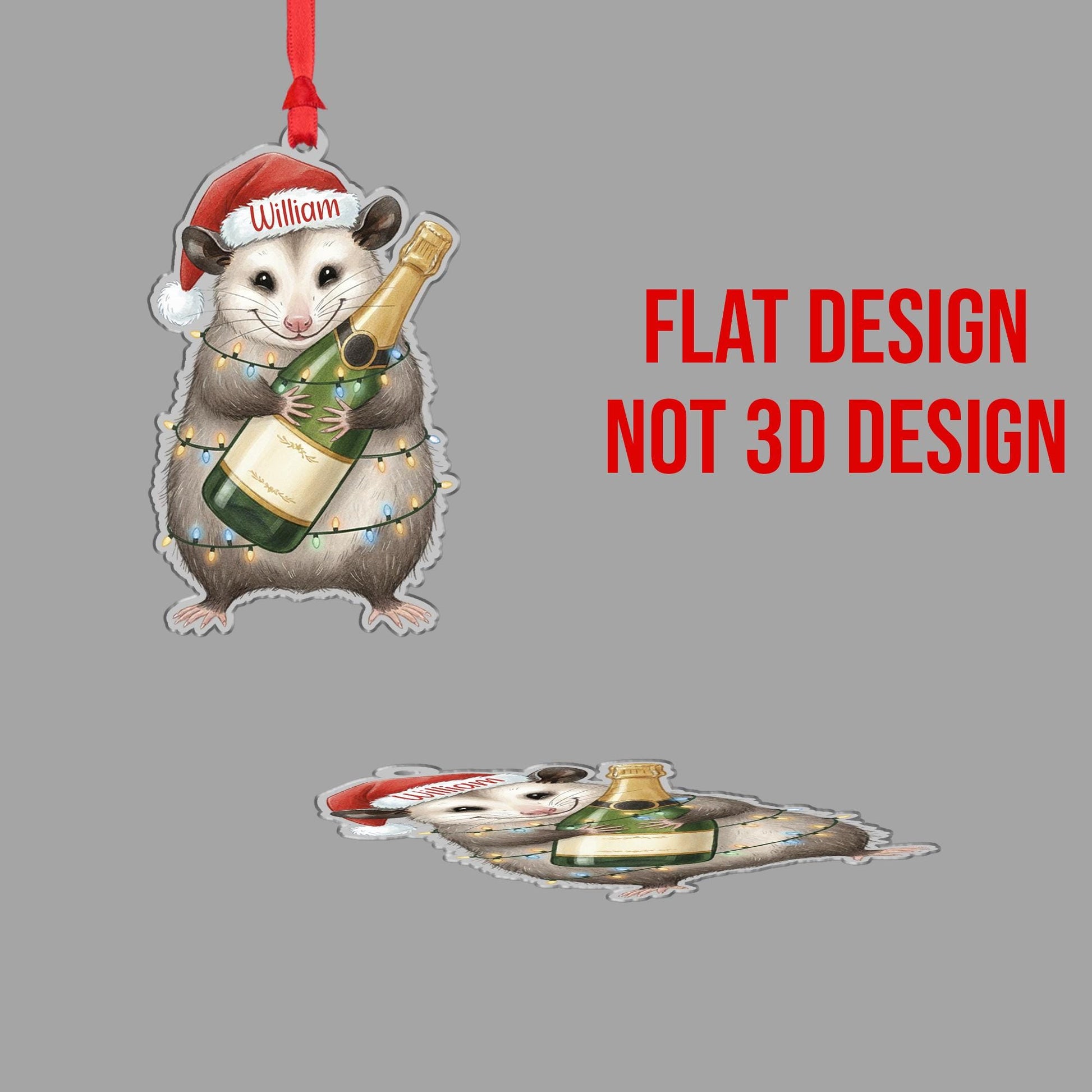 Custom Possum Christmas Ornament – Personalized Santa Hat and Champagne Bottle Decoration, Holiday Tree Keepsake