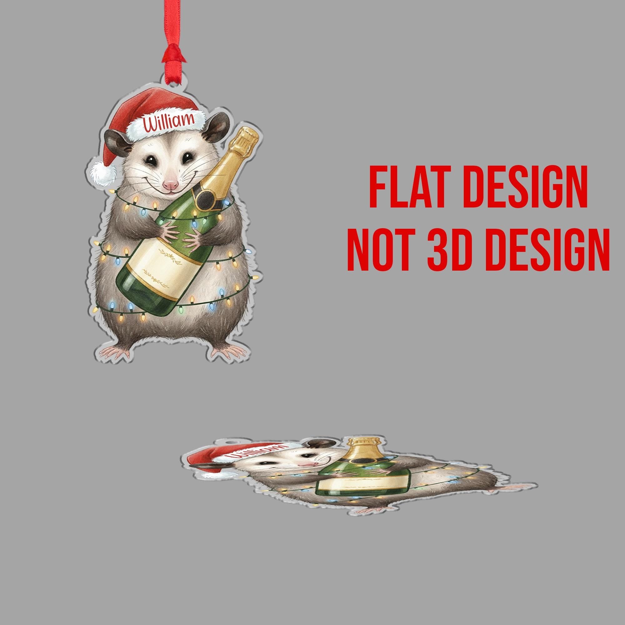 Custom Possum Christmas Ornament – Personalized Santa Hat and Champagne Bottle Decoration, Holiday Tree Keepsake