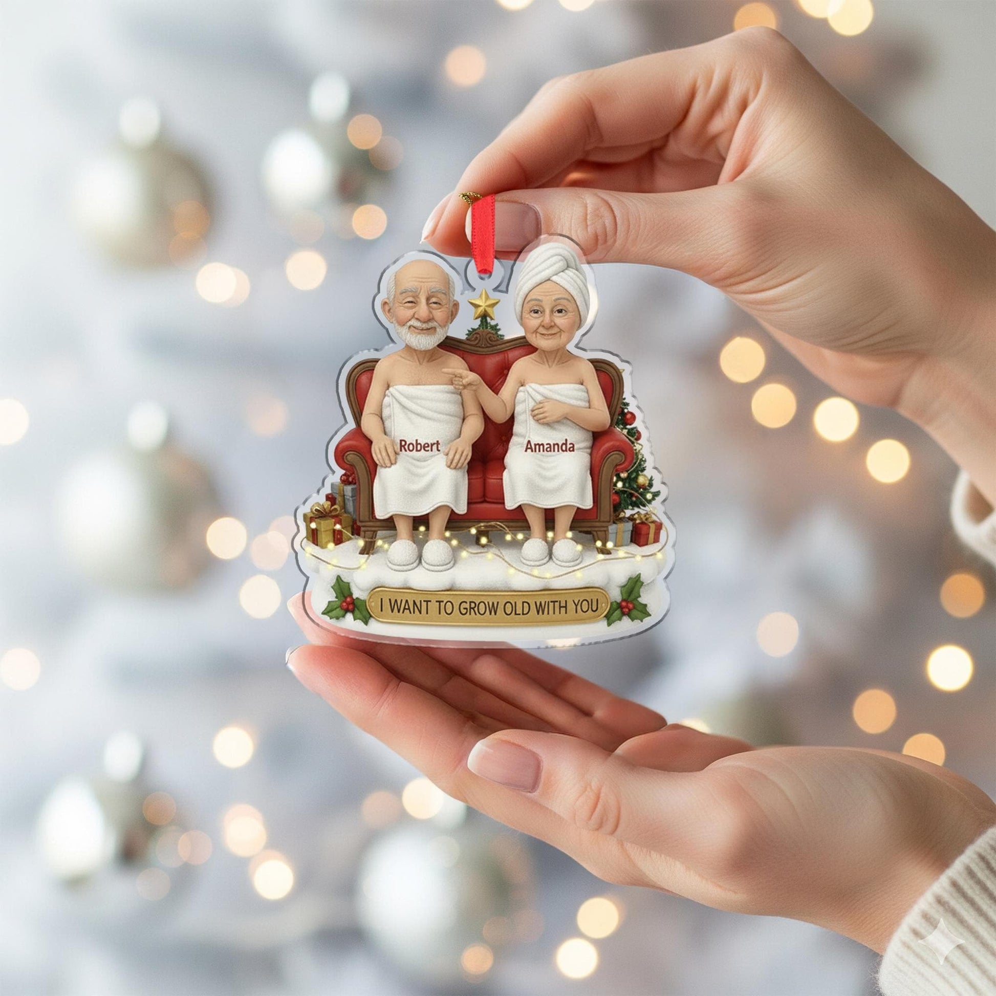 Custom Couple Christmas Ornament – Personalized Older Couple on Couch Decoration, Holiday Keepsake with Names