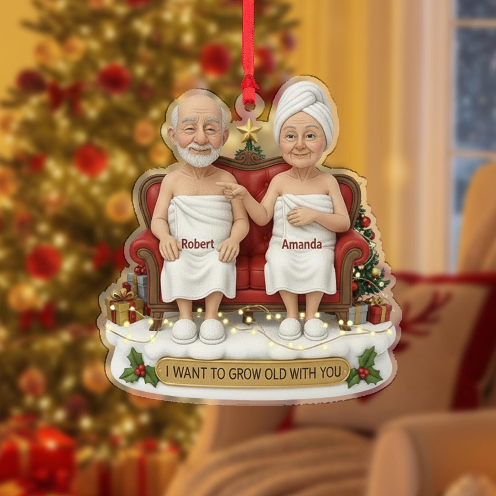 Custom Couple Christmas Ornament – Personalized Older Couple on Couch Decoration, Holiday Keepsake with Names