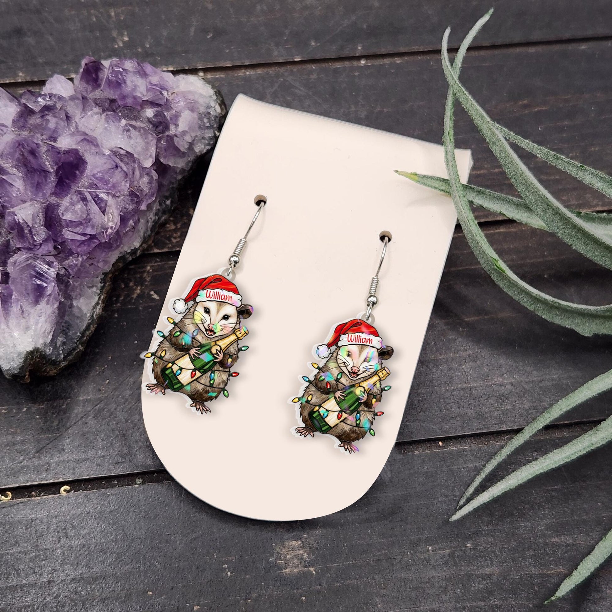 Custom Possum Christmas Earrings – Personalized Santa Hat and Champagne Bottle Jewelry, Holiday Dangle Earrings