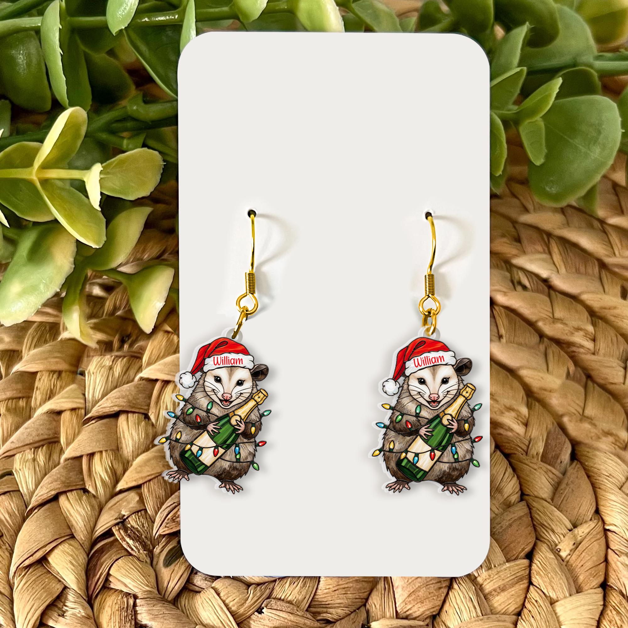 Custom Possum Christmas Earrings – Personalized Santa Hat and Champagne Bottle Jewelry, Holiday Dangle Earrings