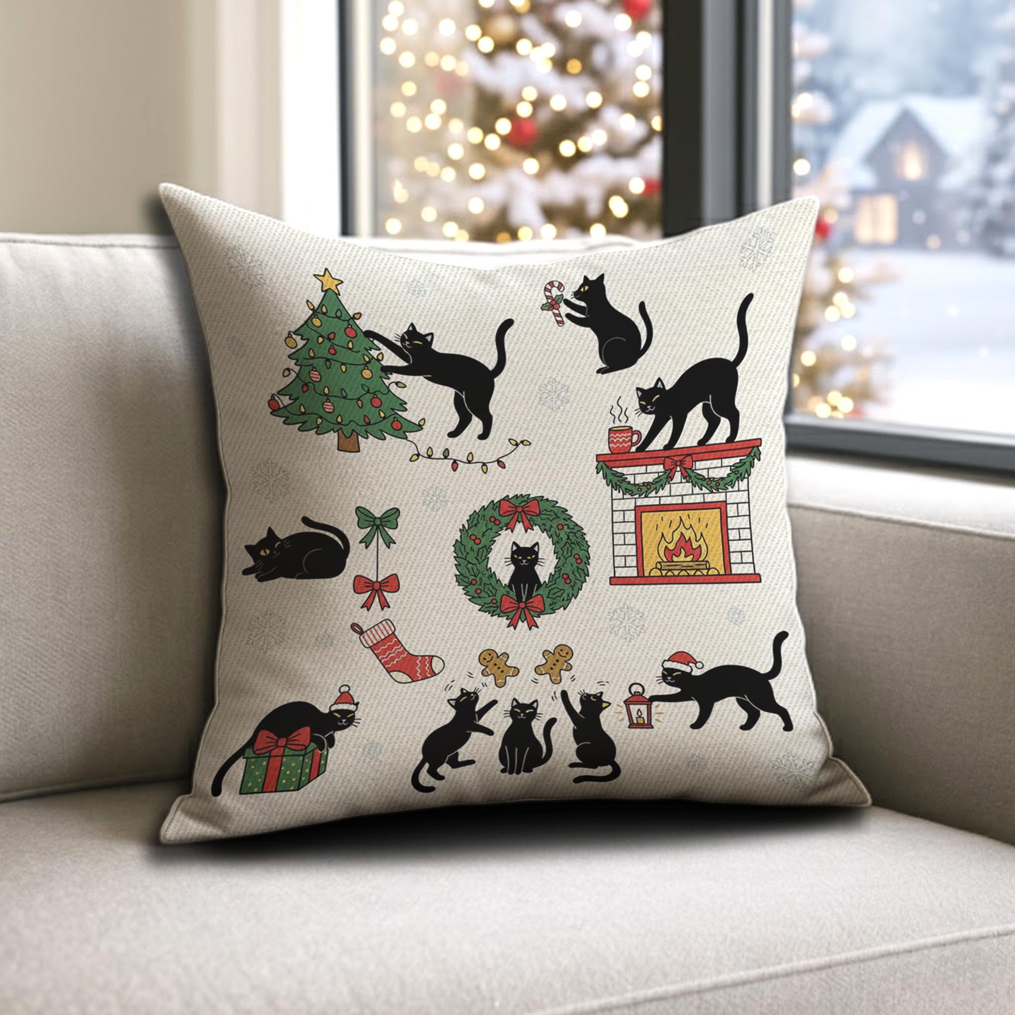Black Cat Christmas Pillow – Holiday Cushion Cover, Festive Cat Design, Cozy Winter Home Decor image 2