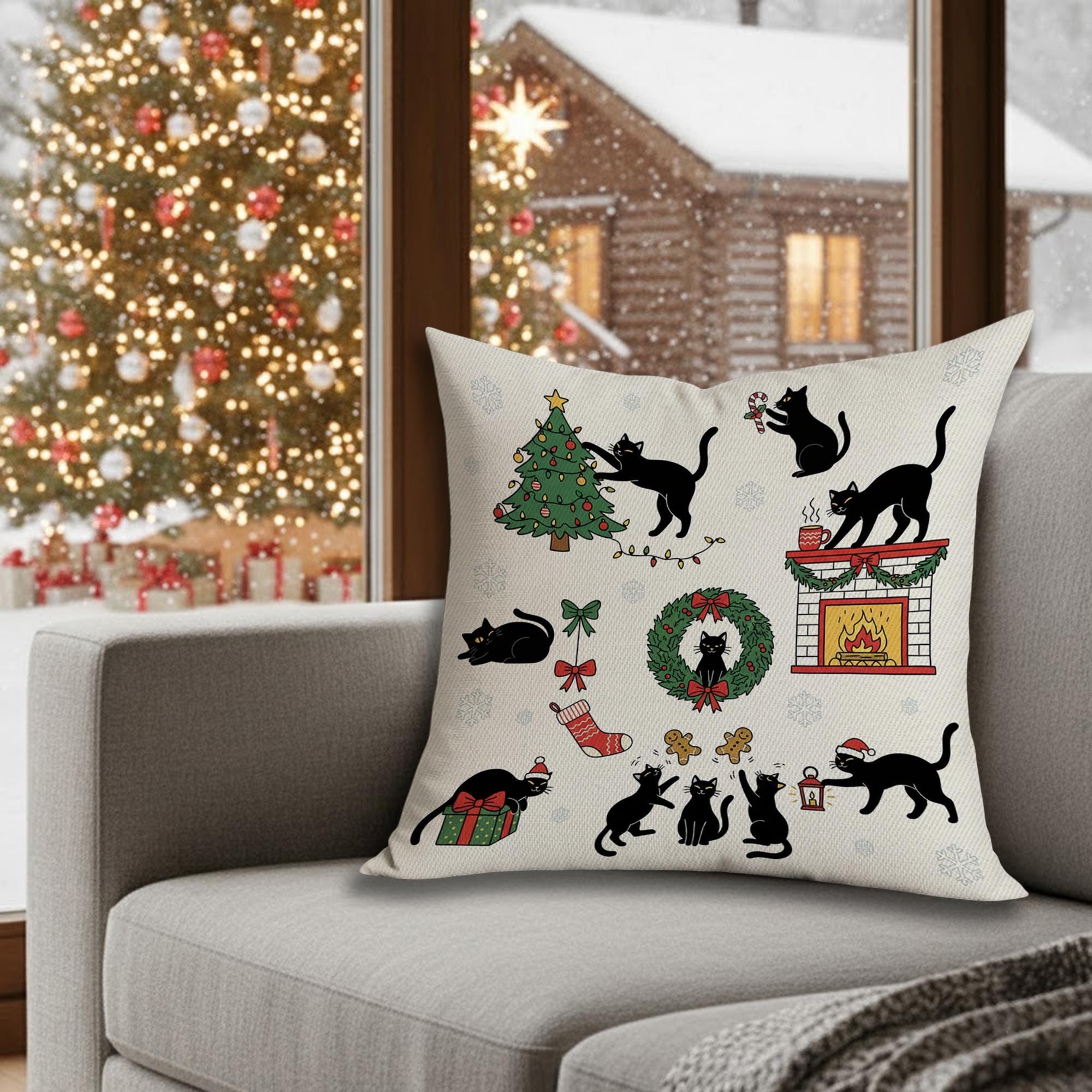 Black Cat Christmas Pillow – Holiday Cushion Cover, Festive Cat Design, Cozy Winter Home Decor image 1