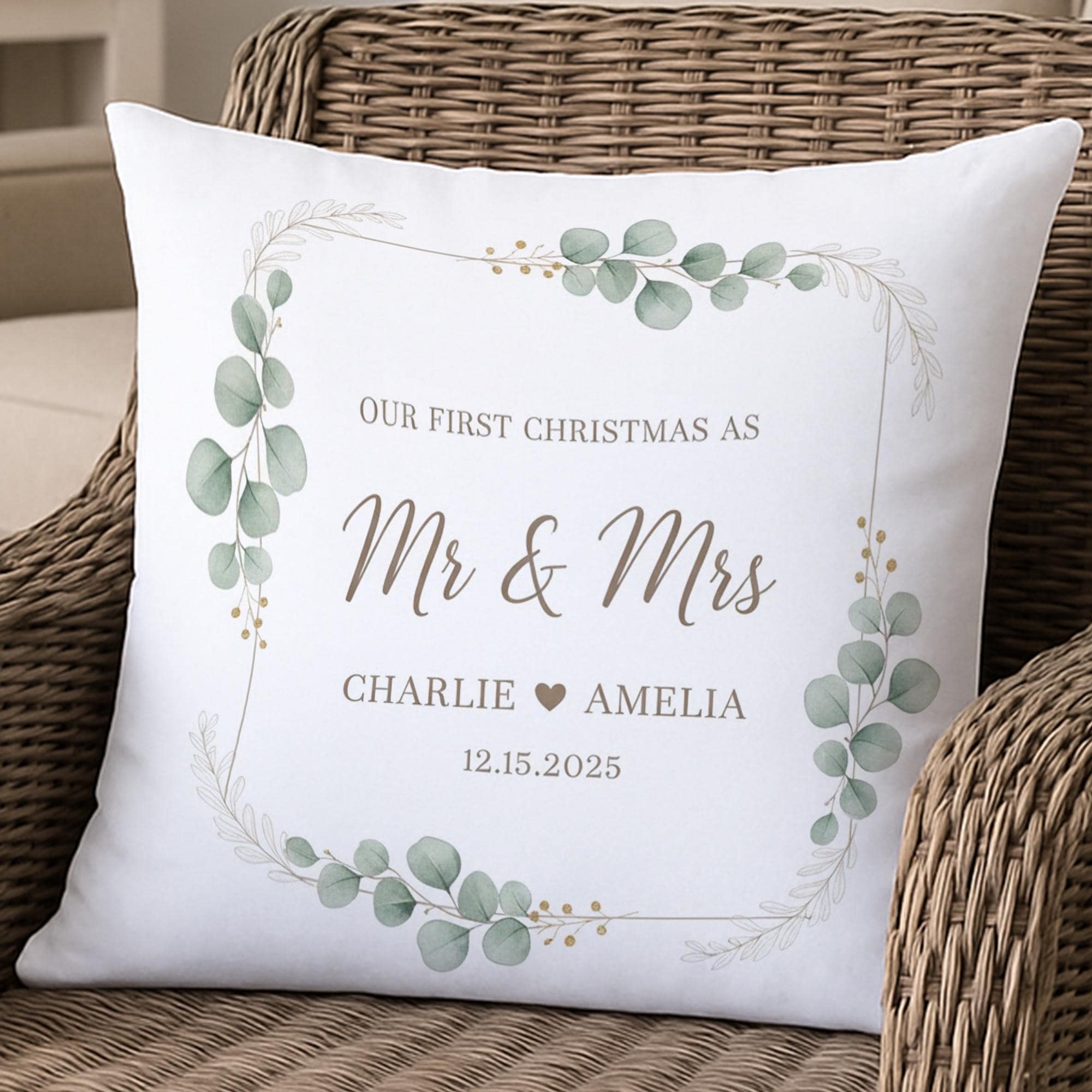 Personalized Wedding Pillow: Wedding Photo Print, Botanical Design, Christmas Keepsake image 2