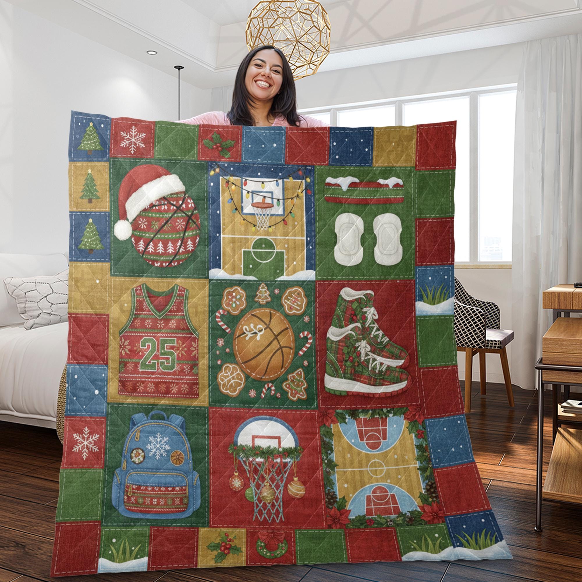 Basketball Quilt Blanket: Christmas Patchwork Design, Holiday Sports Bedding, Winter Throw image 1