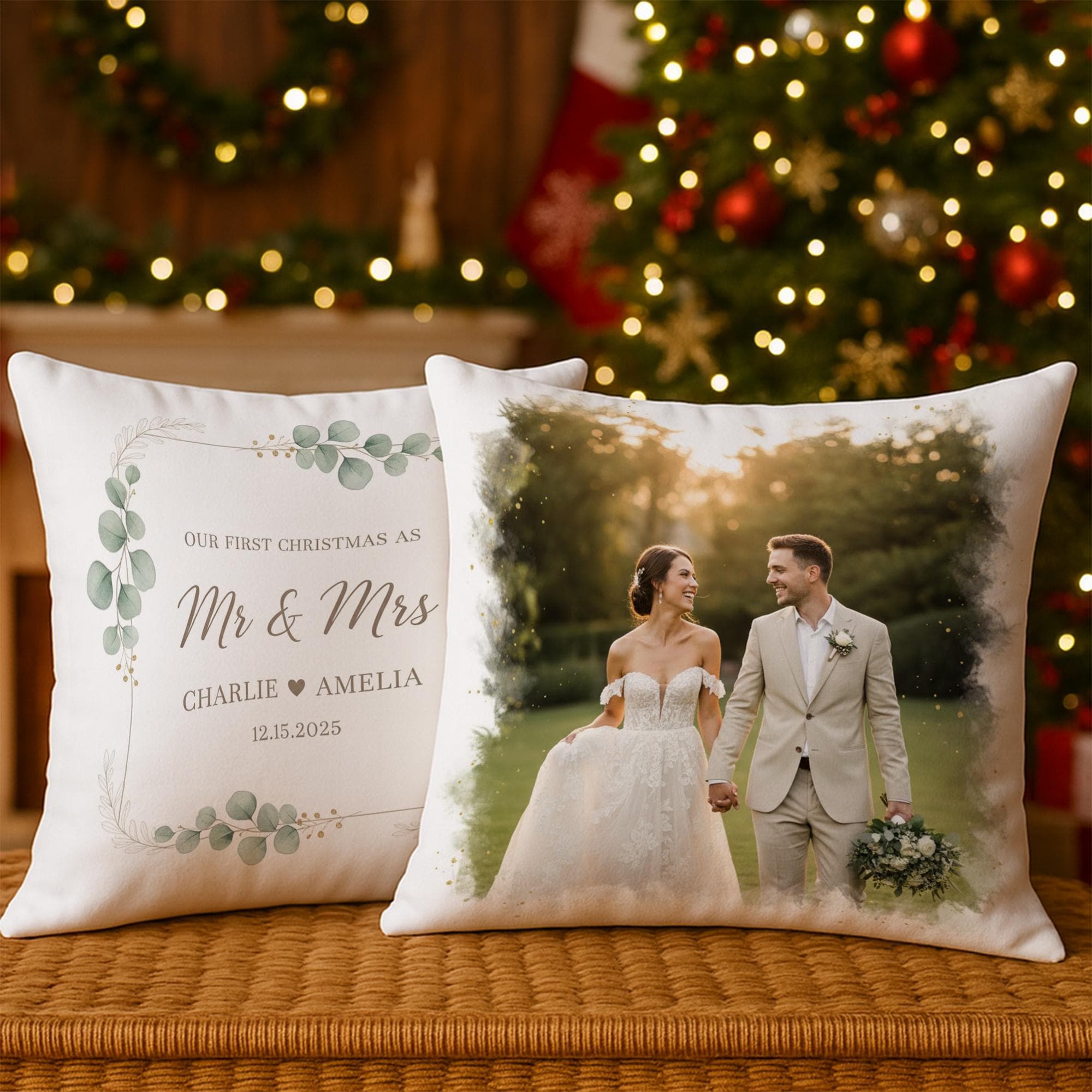 Personalized Wedding Pillow: Wedding Photo Print, Botanical Design, Christmas Keepsake image 1
