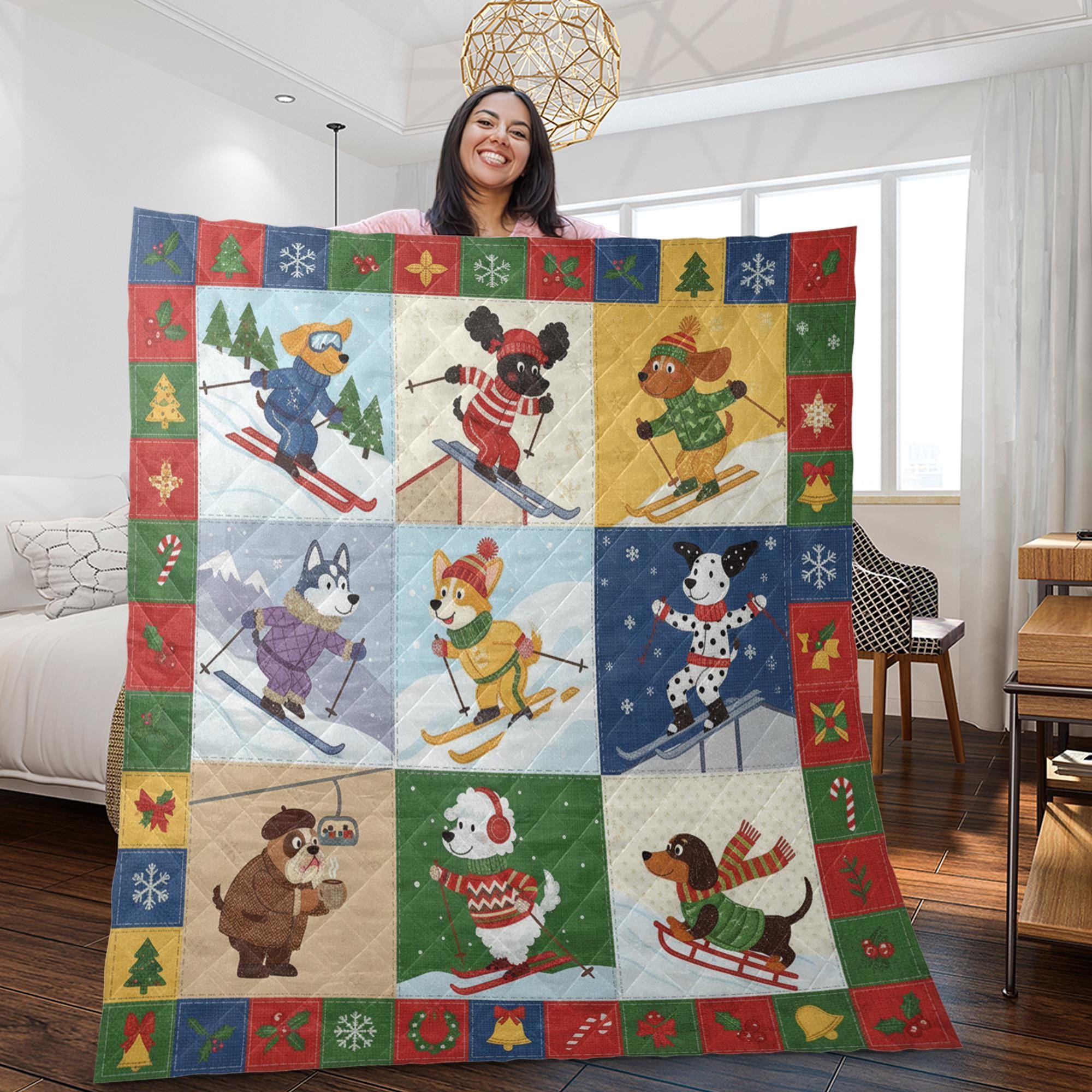 Quilt Blanket: Skiing Dogs Patchwork, Christmas Theme, Winter Sports Bedding, Holiday Canine Decor image 2