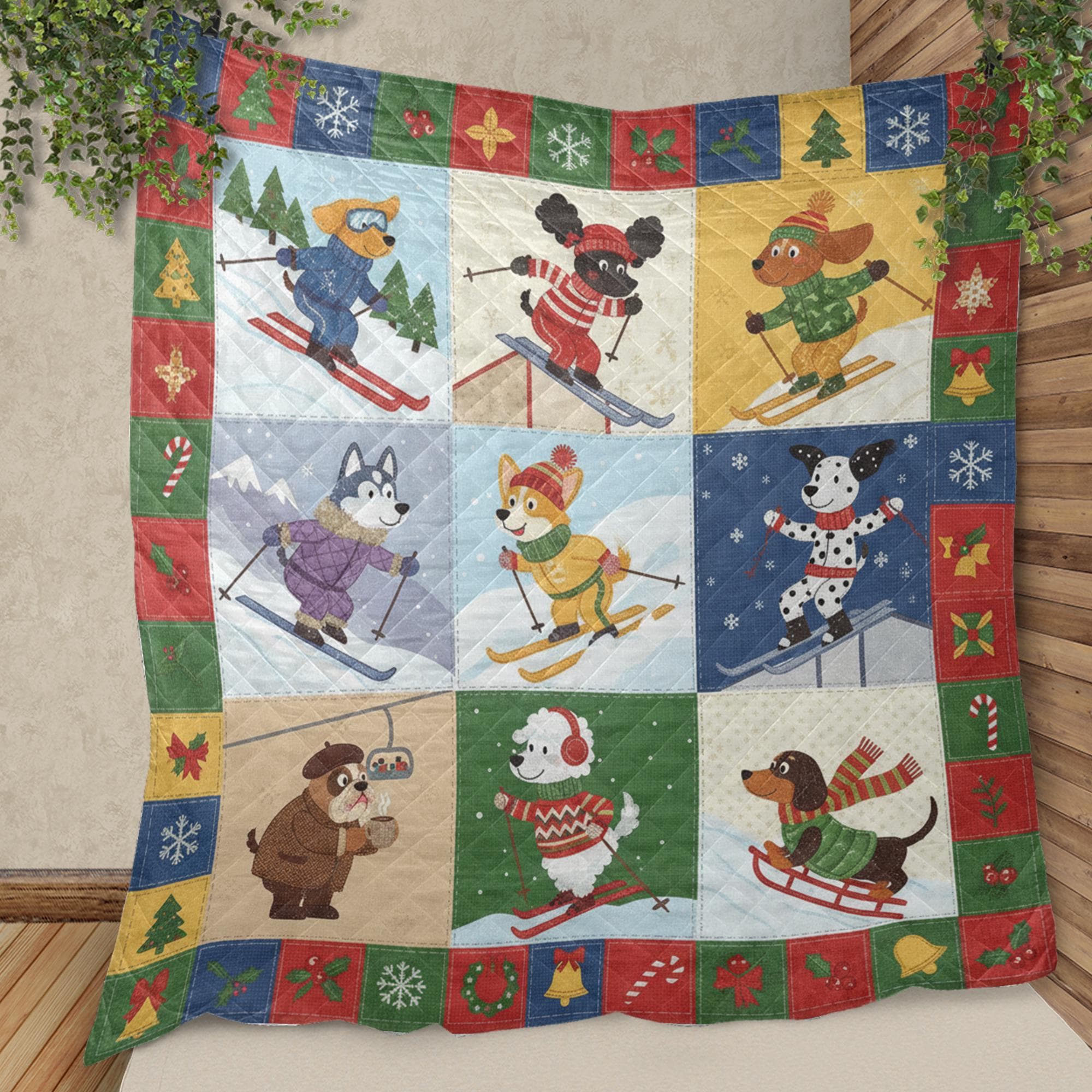Quilt Blanket: Skiing Dogs Patchwork, Christmas Theme, Winter Sports Bedding, Holiday Canine Decor image 1