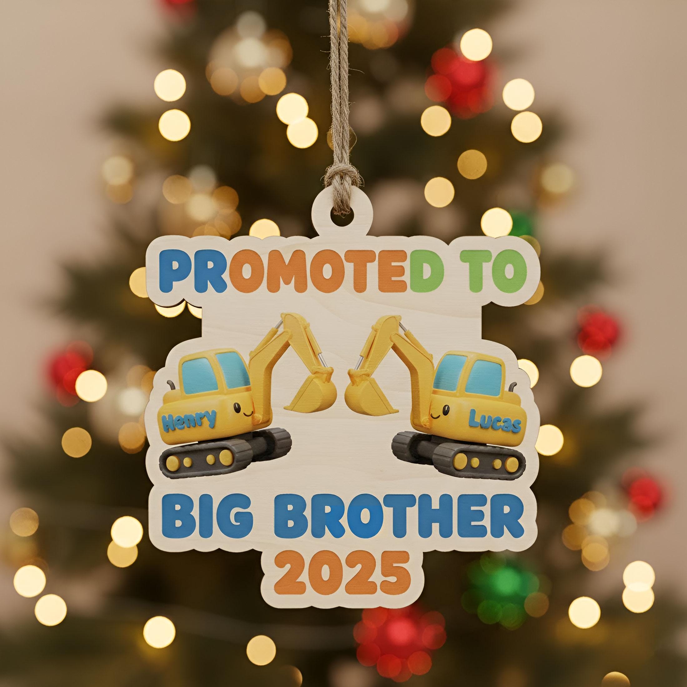 Custom Excavator Big Brother Ornament: Personalized 2025 Sibling Announcement, Construction Keepsake